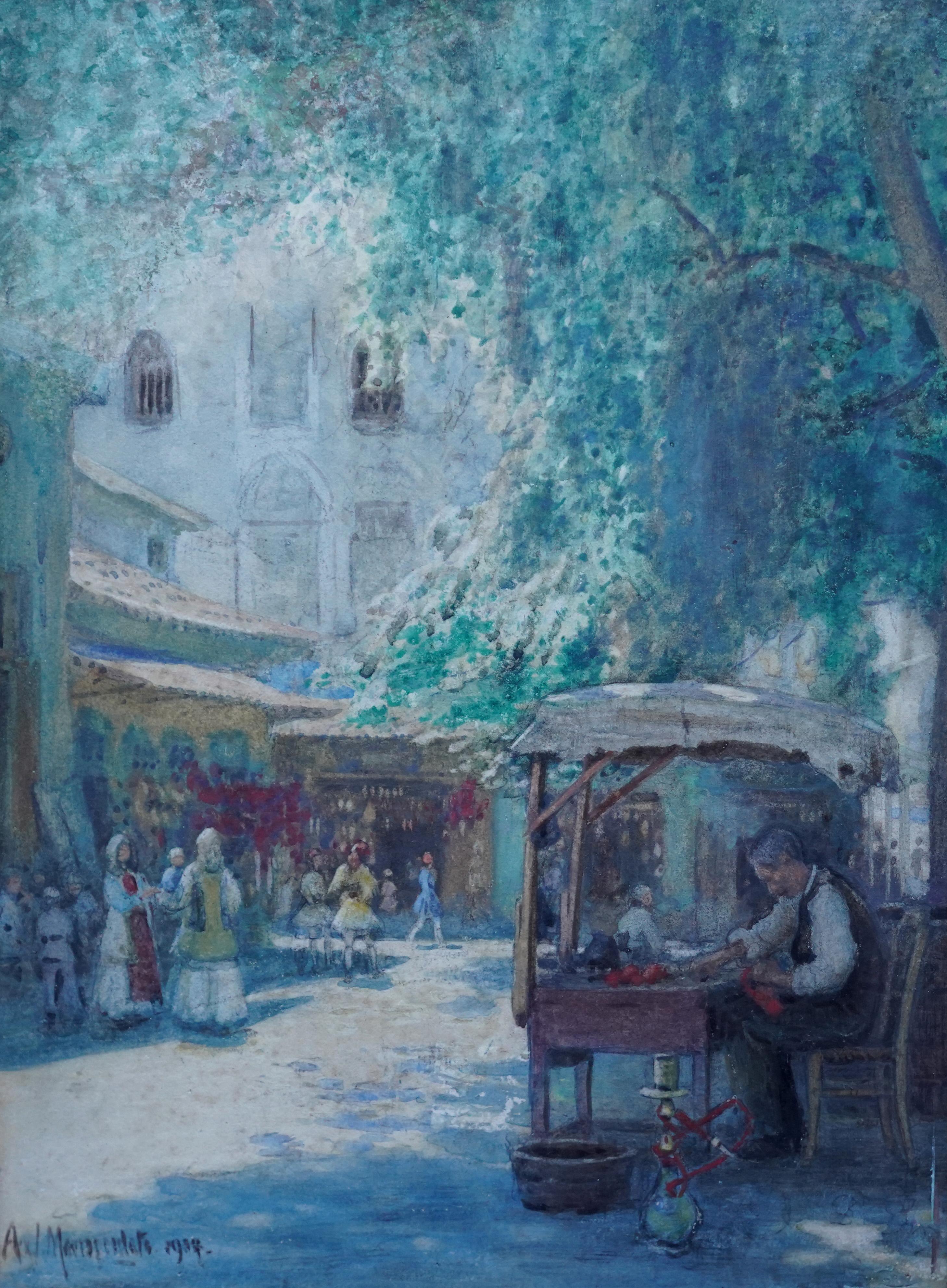 Une scène de marché - peinture à l'aquarelle impressionniste française de 1914, signée indis - Painting de Unknown