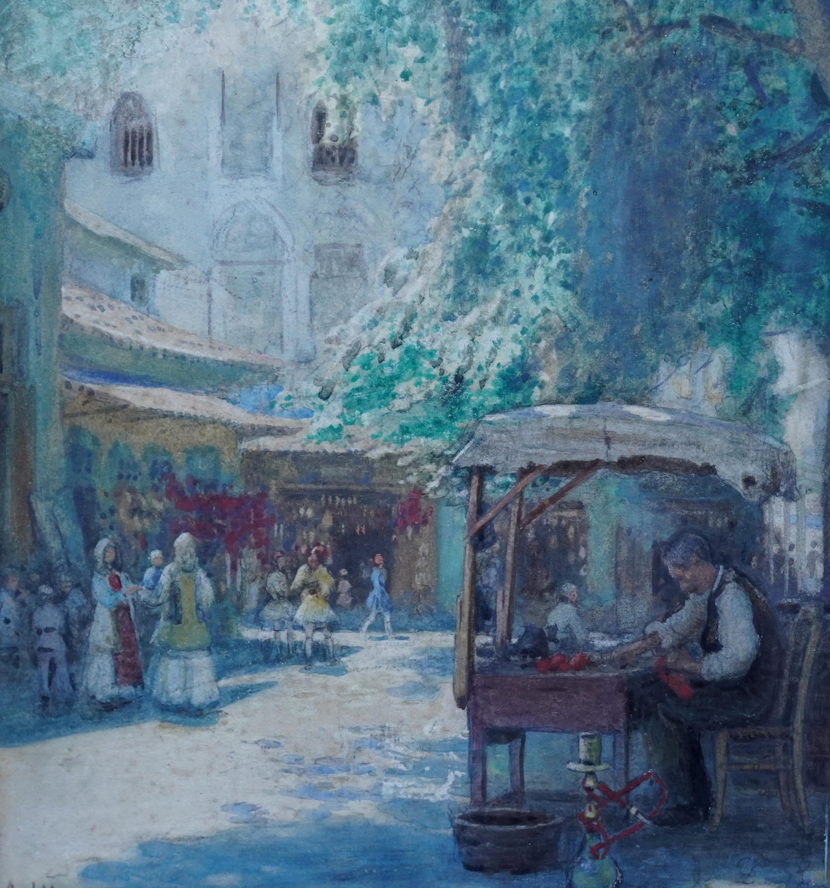 This charming French Impressionist watercolour painting was painted in 1914 and is indistinctly signed. The composition is a market scene with various stalls under trees. The colouring is lovely and it is housed in a superb, gilded oak