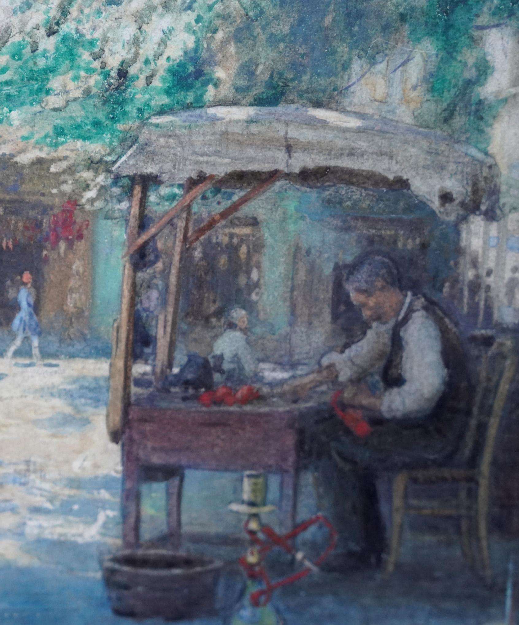 Une scène de marché - peinture à l'aquarelle impressionniste française de 1914, signée indis en vente 1