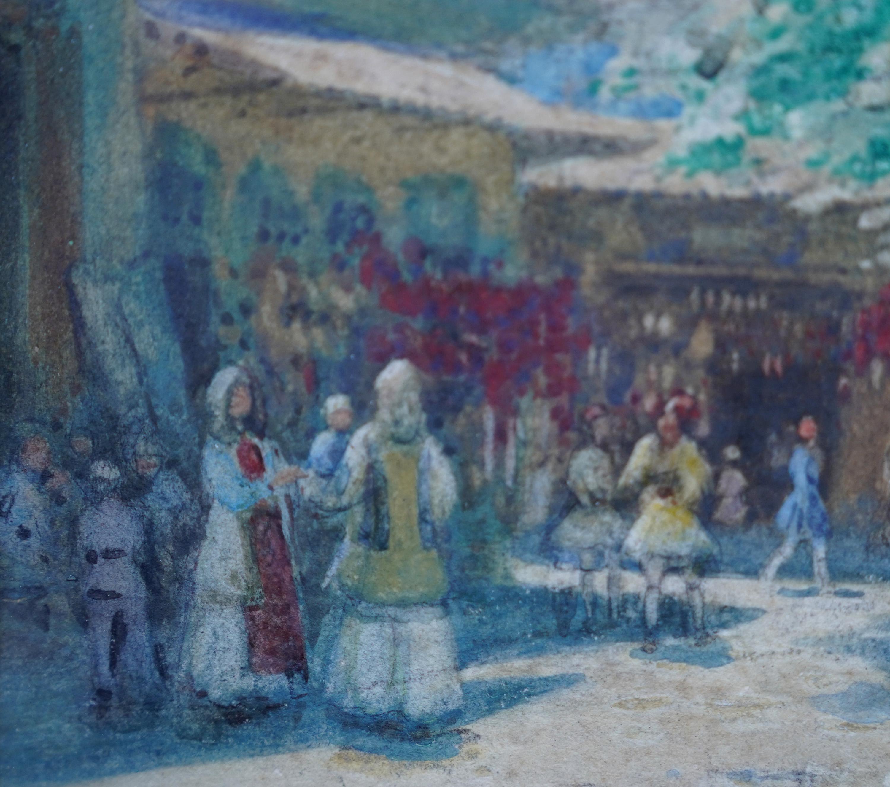 Une scène de marché - peinture à l'aquarelle impressionniste française de 1914, signée indis en vente 2