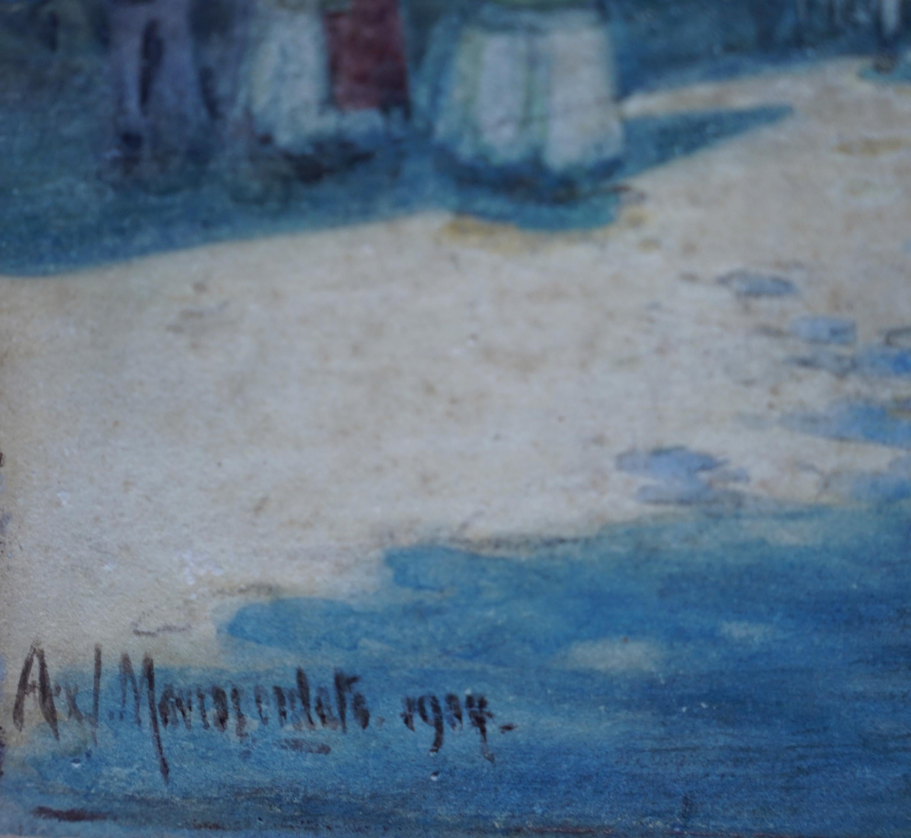 Une scène de marché - peinture à l'aquarelle impressionniste française de 1914, signée indis en vente 4
