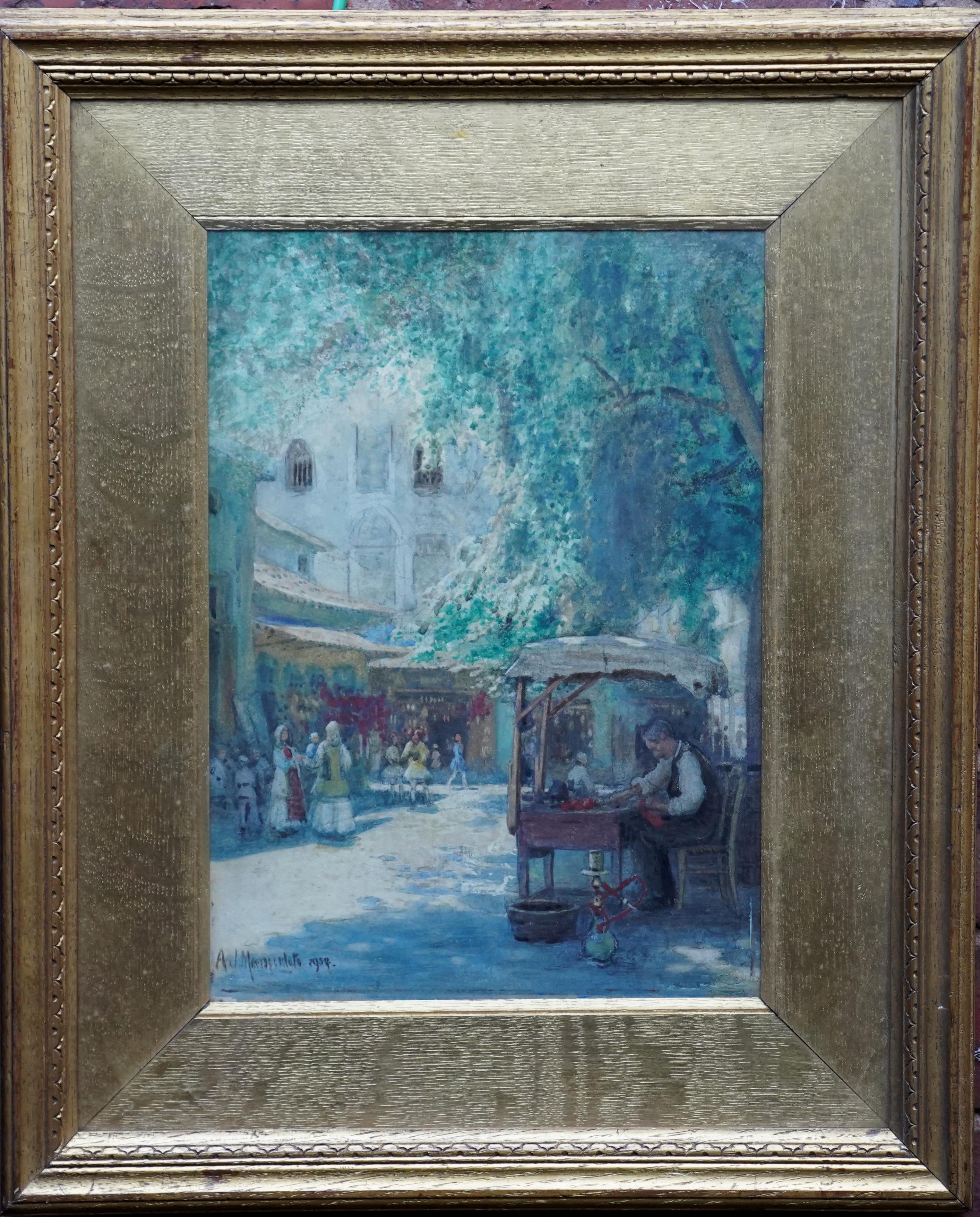 Figurative Painting Unknown - Une scène de marché - peinture à l'aquarelle impressionniste française de 1914, signée indis