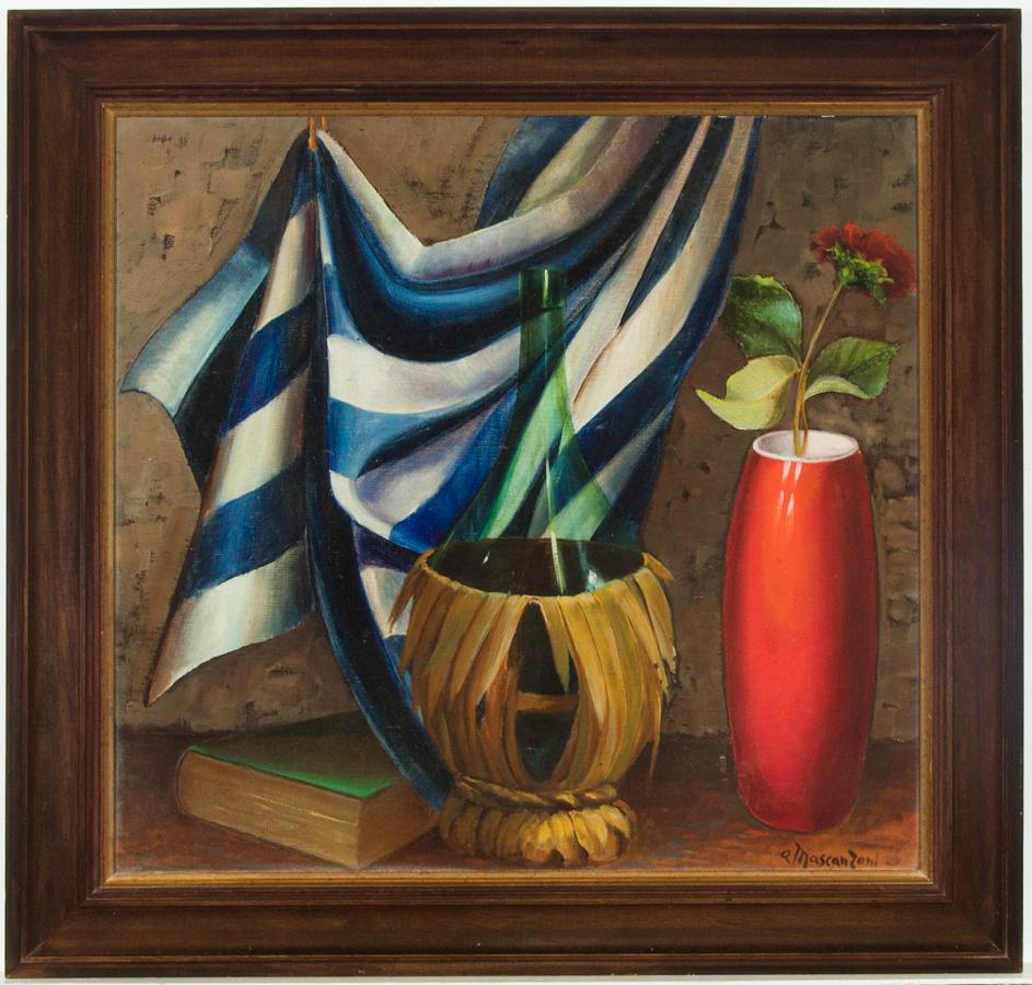 Unknown Still-Life Painting - A. Mascanzoni - Italian School Contemporary Oil, Interior Still Life with Bottle