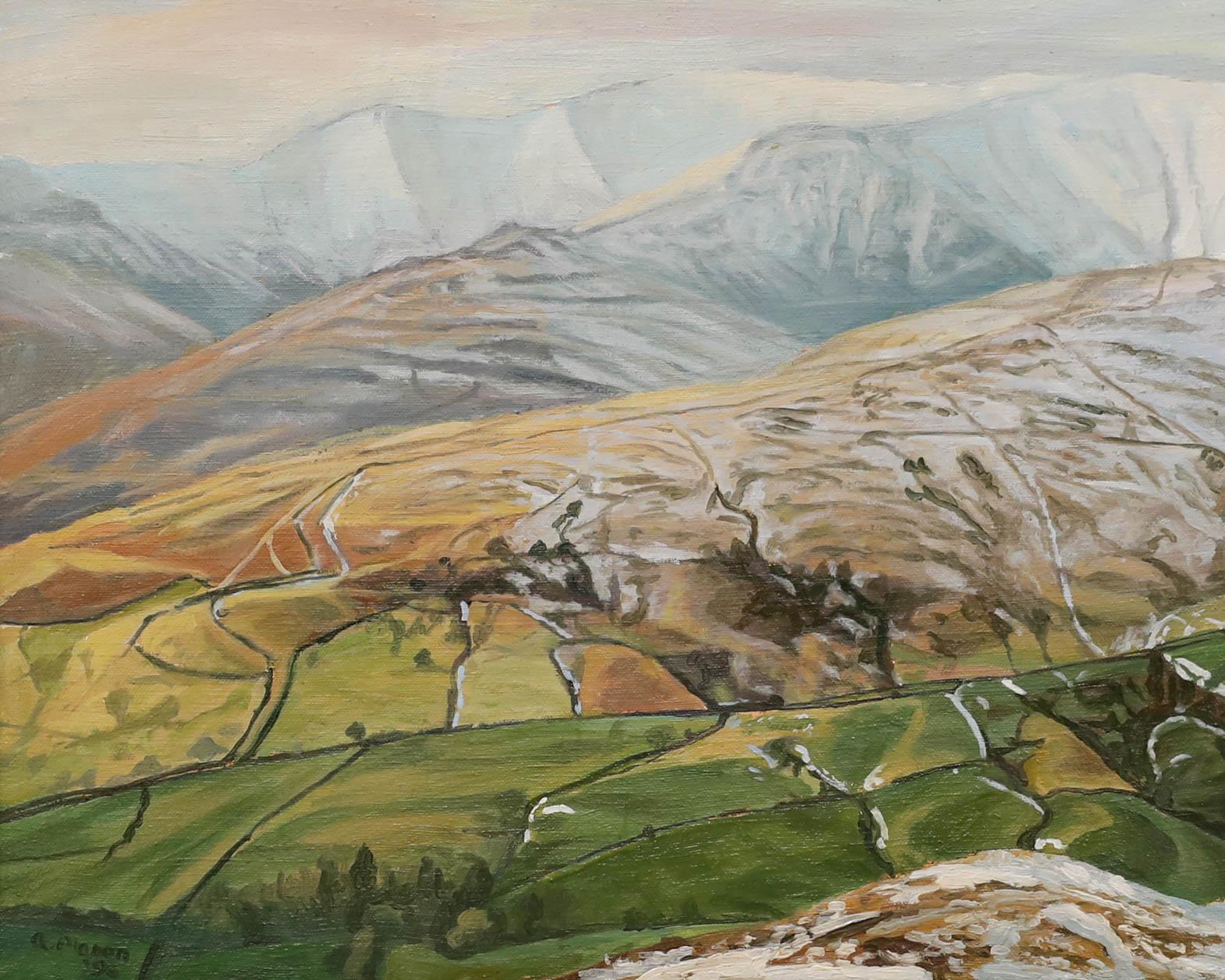 A. Mason  - 1996 Öl, Blick auf The Mountains – Painting von Unknown