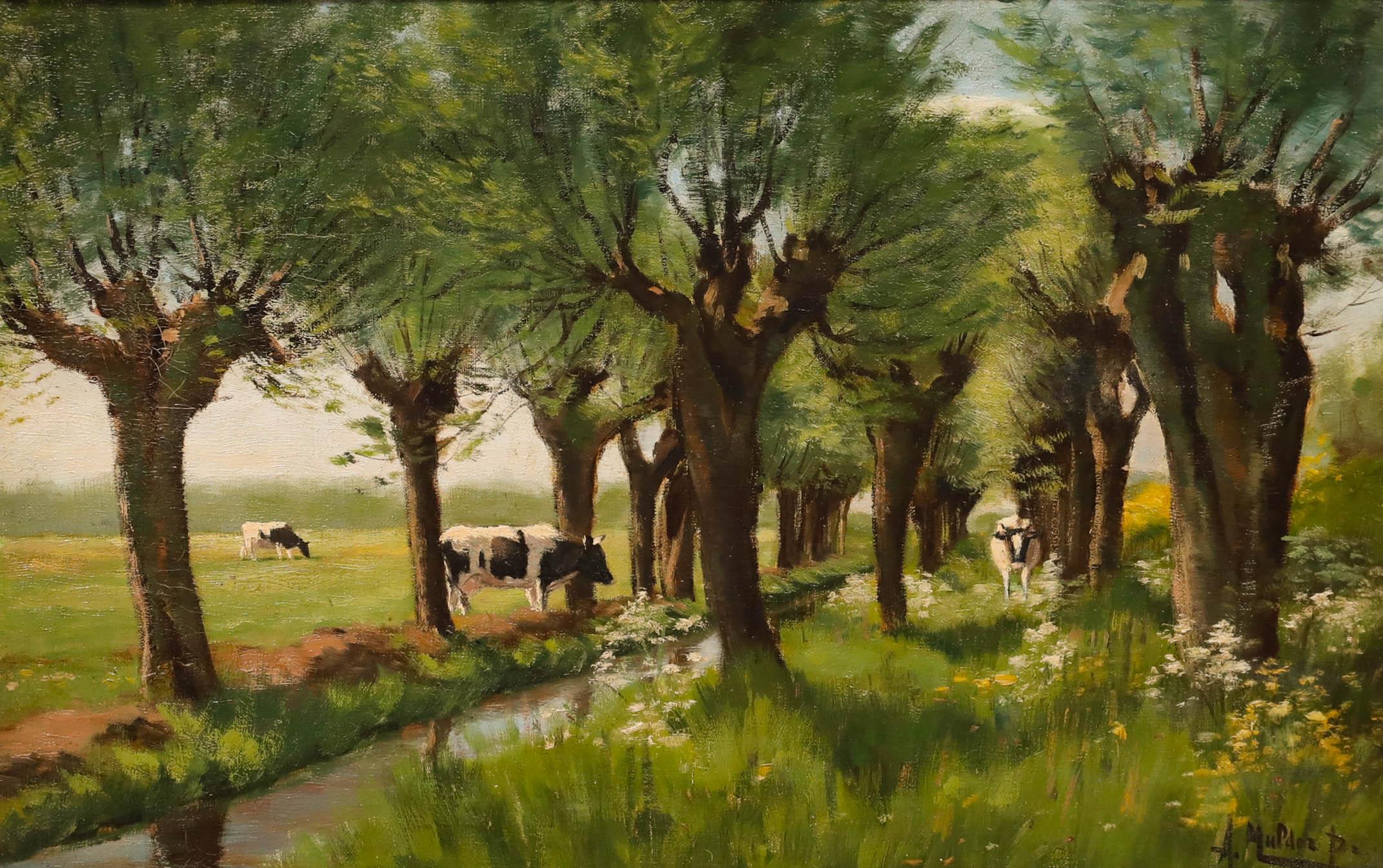 A. Mulder - Gerahmtes Ölgemälde des frühen 20. Jahrhunderts, Kühe von der Canal Ditch – Painting von Unknown