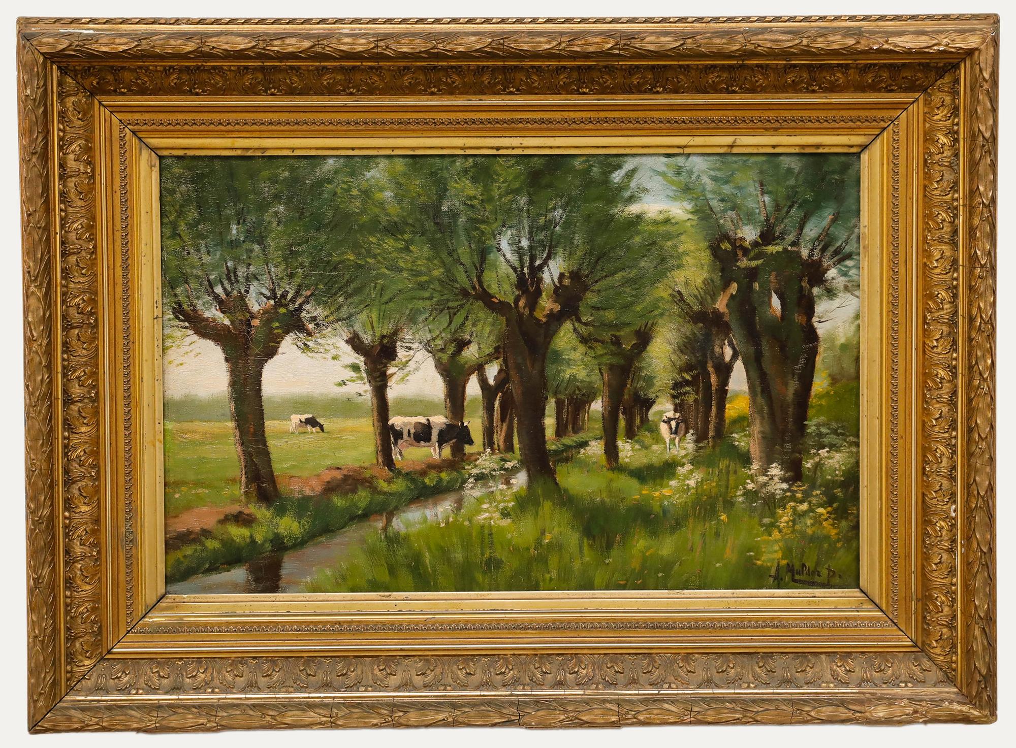 A. Mulder - Framed Early 20th Century Oil, Cows by the Canal Ditch
