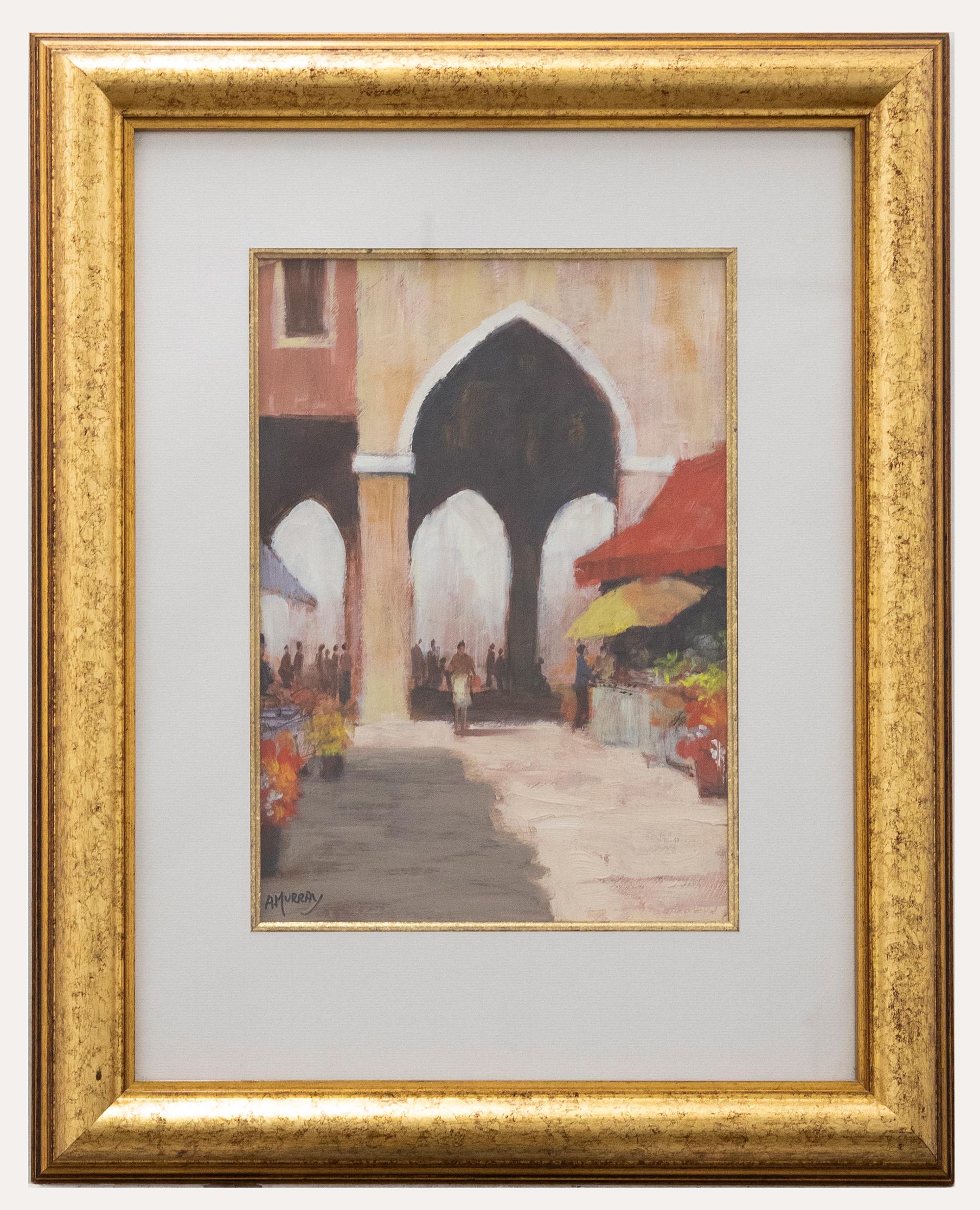 Landscape Painting Unknown - A. Murray - Huile du 20e siècle encadrée, The Market Quarter