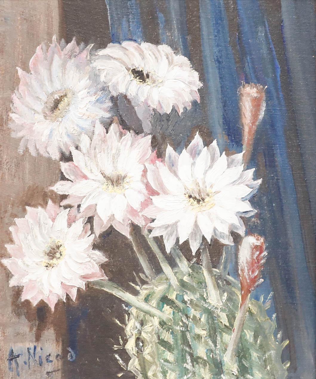 A. Nicod - Gerahmtes Öl aus der Mitte des 20. Jahrhunderts, Blühender Kaktus – Painting von Unknown