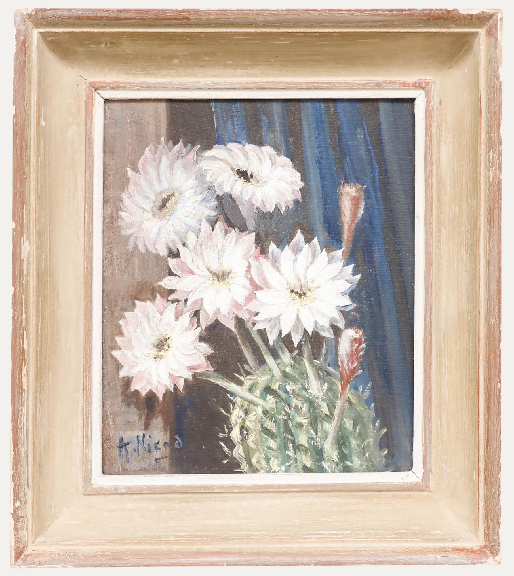 A. Nicod - Gerahmtes Öl aus der Mitte des 20. Jahrhunderts, Blühender Kaktus