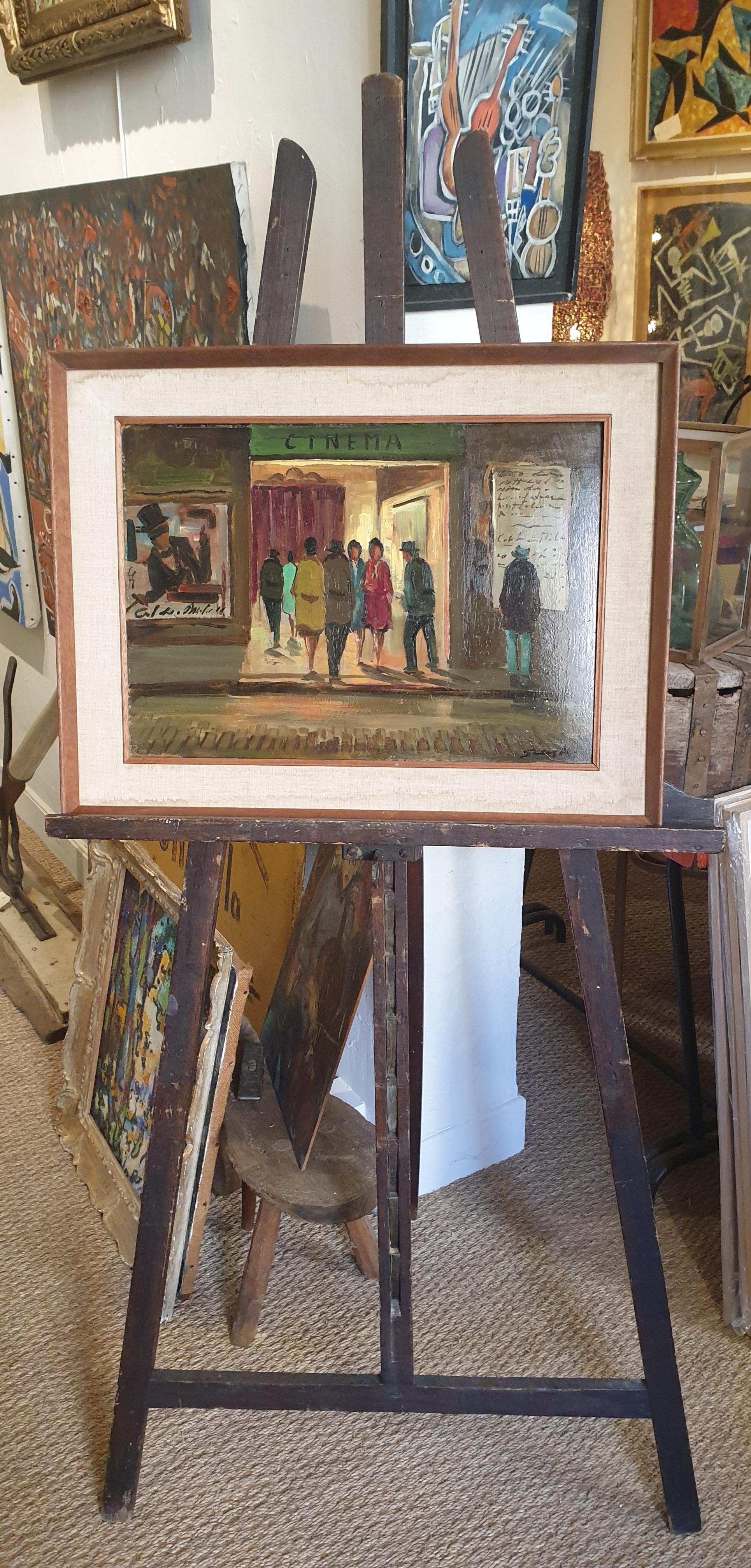 A Night out at the Cinema. Italian Mid-Century Oil on Board.  For Sale 4
