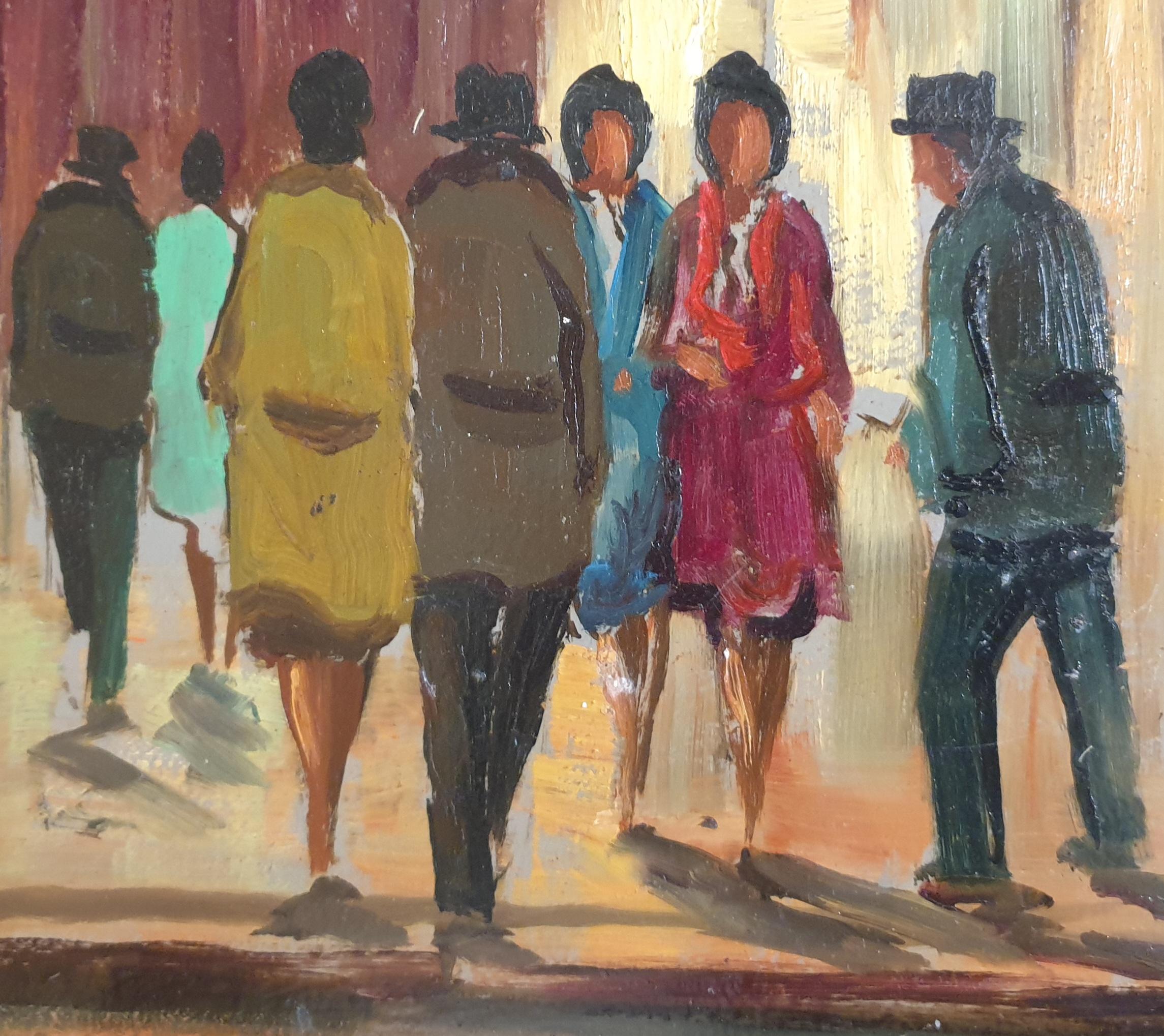 A Night out at the Cinema. Italian Mid-Century Oil on Board.  - Painting by Unknown