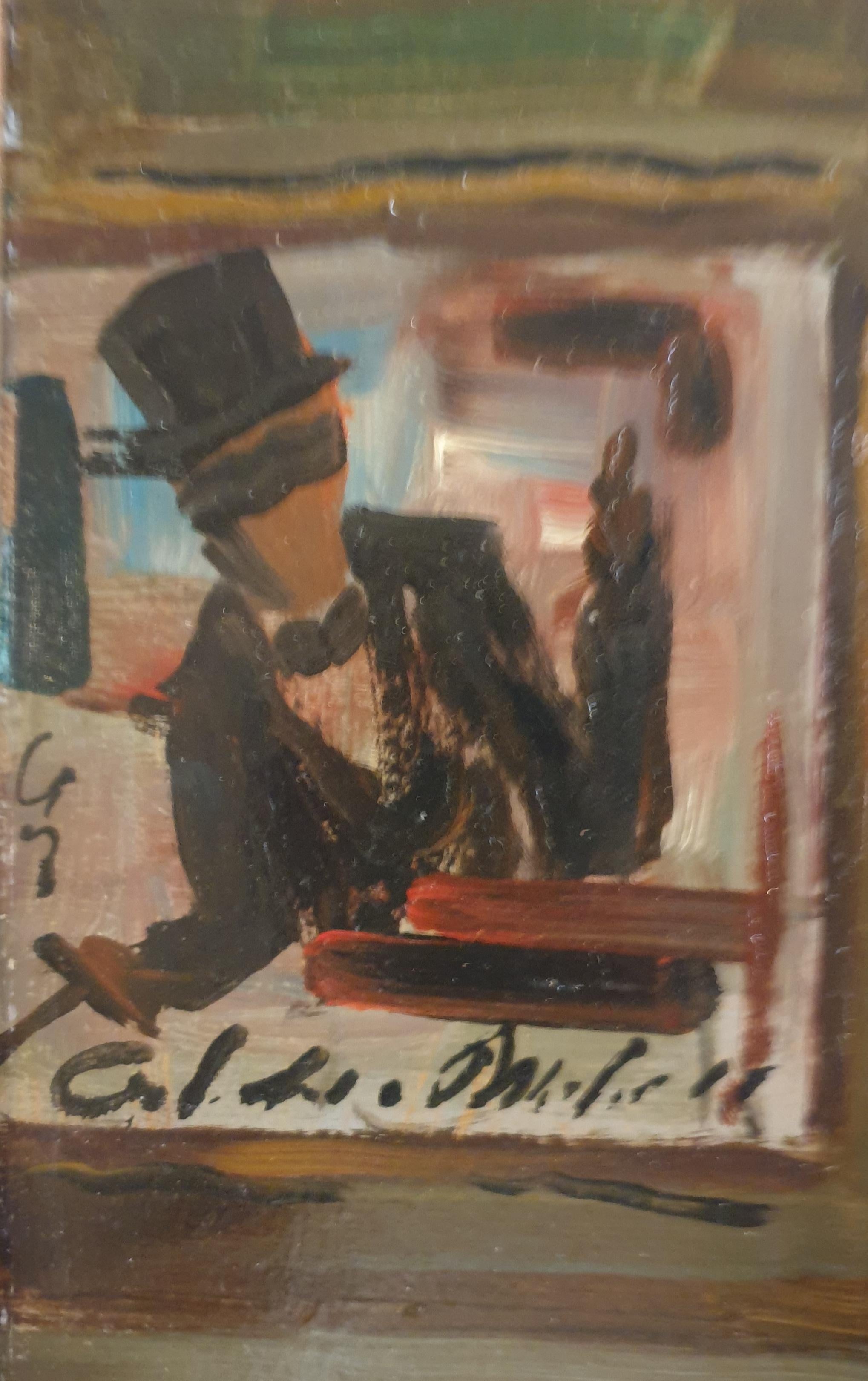 Huile sur carton impressionniste du milieu du siècle représentant un parvis de cinéma. L'artiste est inconnu mais le tableau est signé en bas à droite. Il s'agit très probablement d'un artiste italien, car la peinture à l'huile était encadrée sous