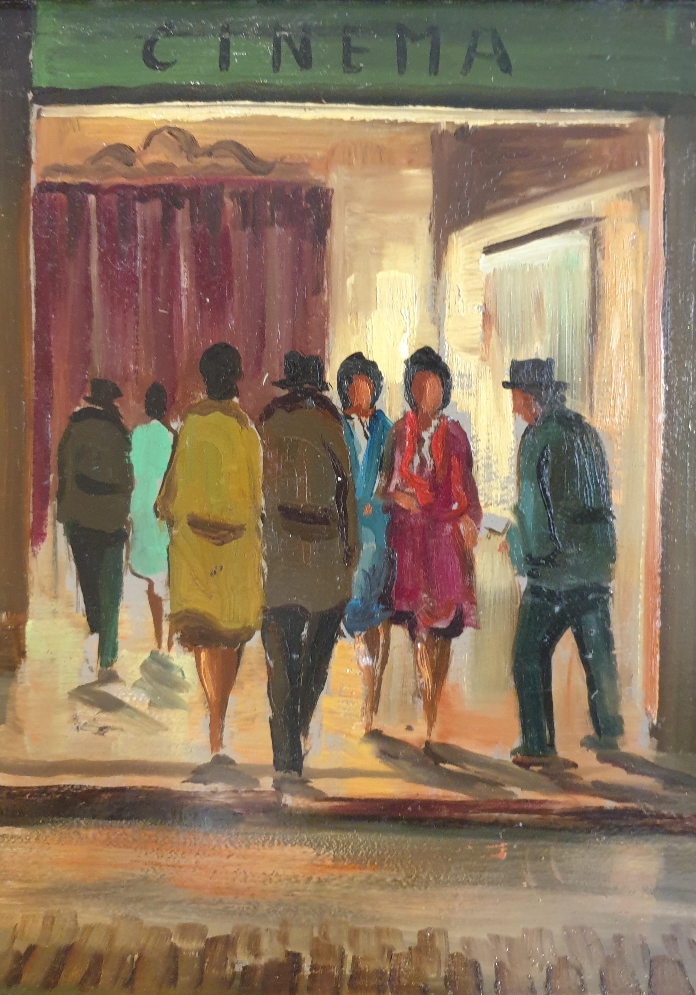 A Night out at the Cinema. Italian Mid-Century Oil on Board.  For Sale 1