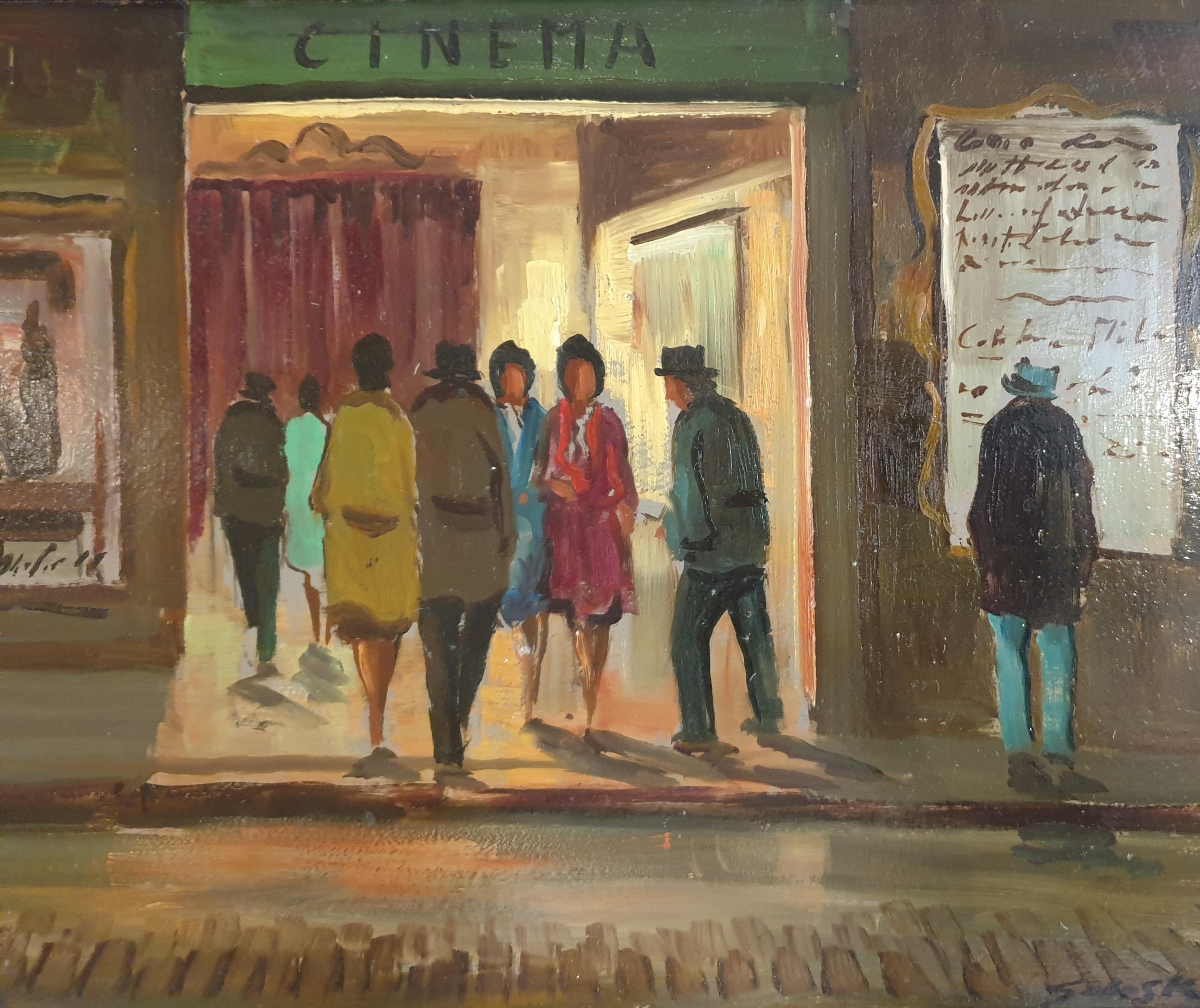 A Night out at the Cinema. Italian Mid-Century Oil on Board.  For Sale 3