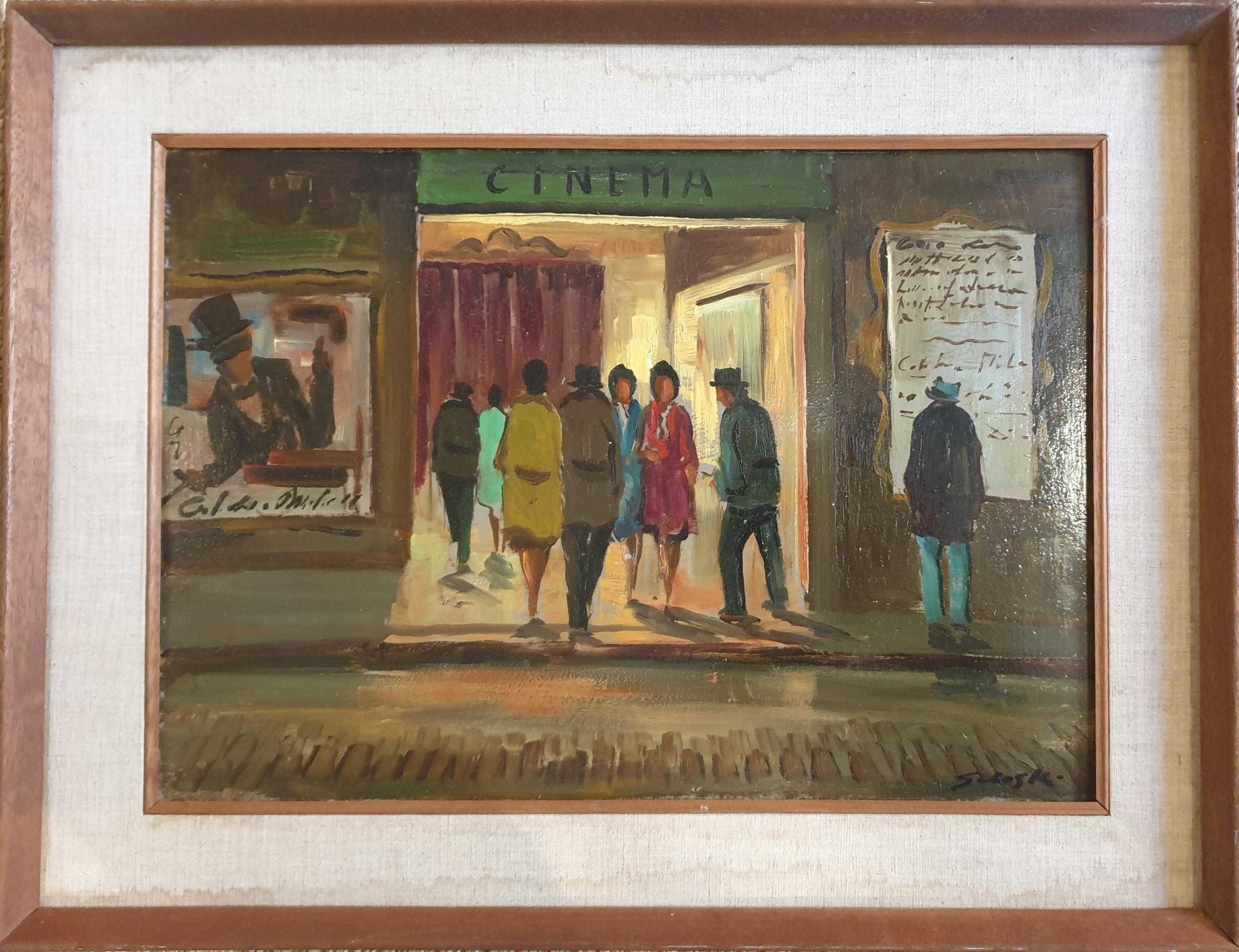 Unknown Figurative Painting - A Night out at the Cinema. Italian Mid-Century Oil on Board. 