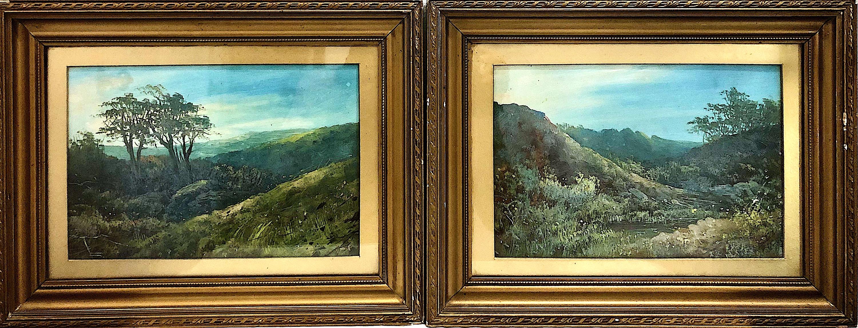 Landscape Painting Unknown - Paire de paysages luxuriants et impressionnistes à l
aquarelle