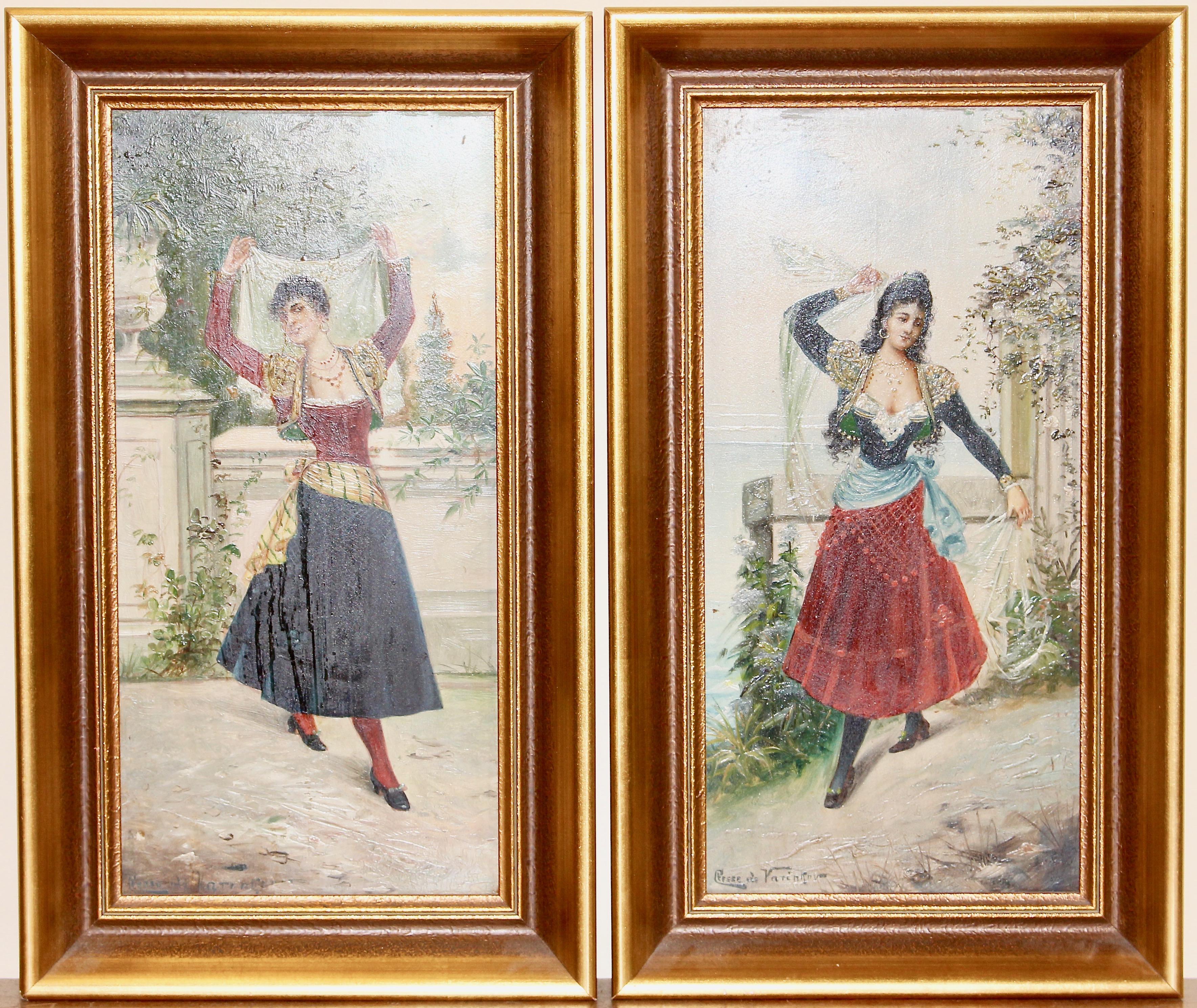 Figurative Painting Unknown - Une paire de peintures, dames dansantes. Circa 1900. Huile sur bois. Signé.