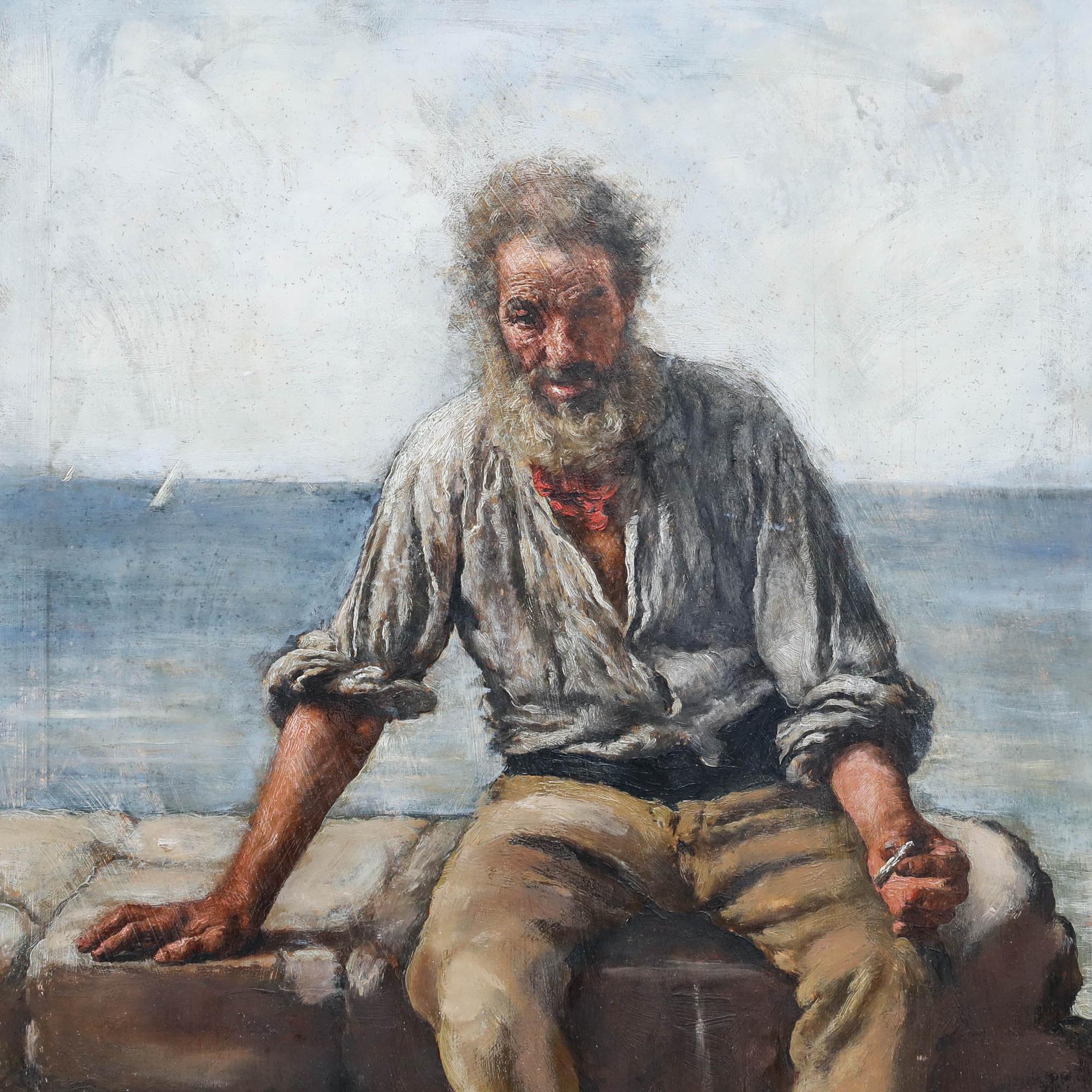 Cette peinture à l'huile représente un pêcheur ou un marin usé par le temps, assis sur une jetée, avec l'océan qui s'étend au loin derrière lui. La composition est centrée sur le personnage solitaire, rendu dans des tons de terre avec un travail de