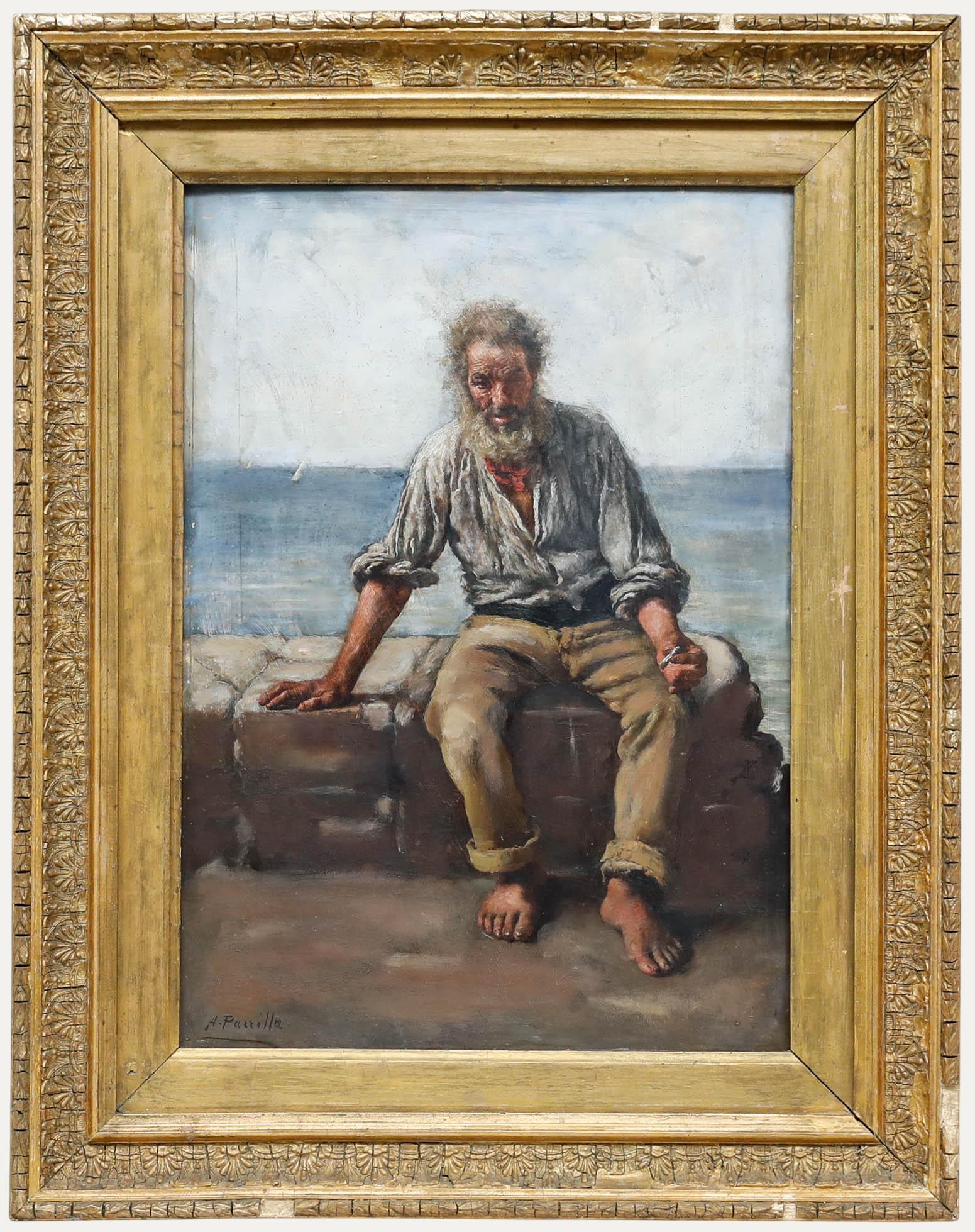 Portrait Painting Unknown - A. Parilla  - Début du 20e siècle, Huile, Le vieux pêcheur