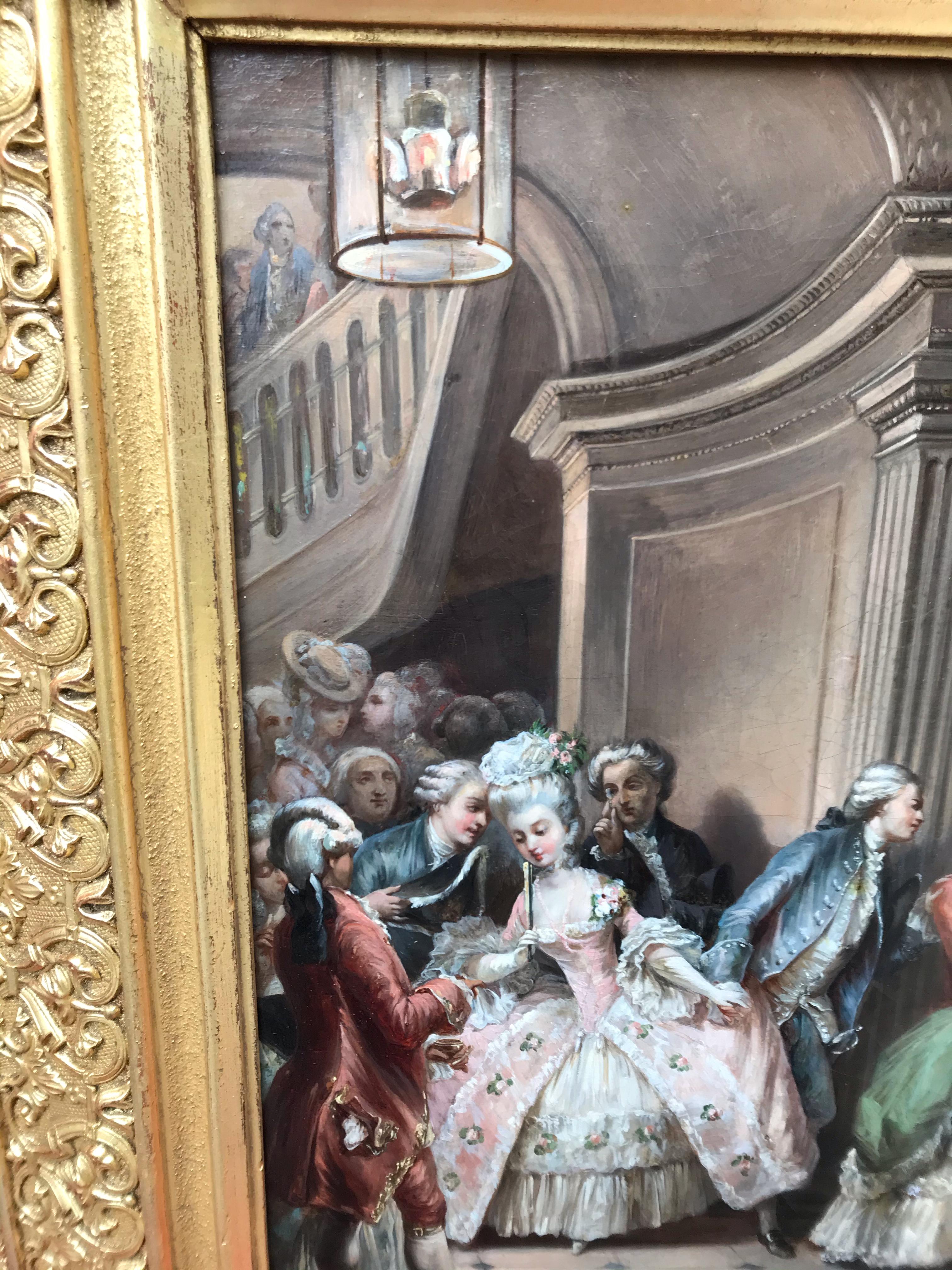 A Party To The Castle in the 18th Century
Oil on canvas with a signature G.Weiss low left
Old frame regilded
Dim canvas : 46 X 38 cm
Dim frame : 66 X 58 cm

