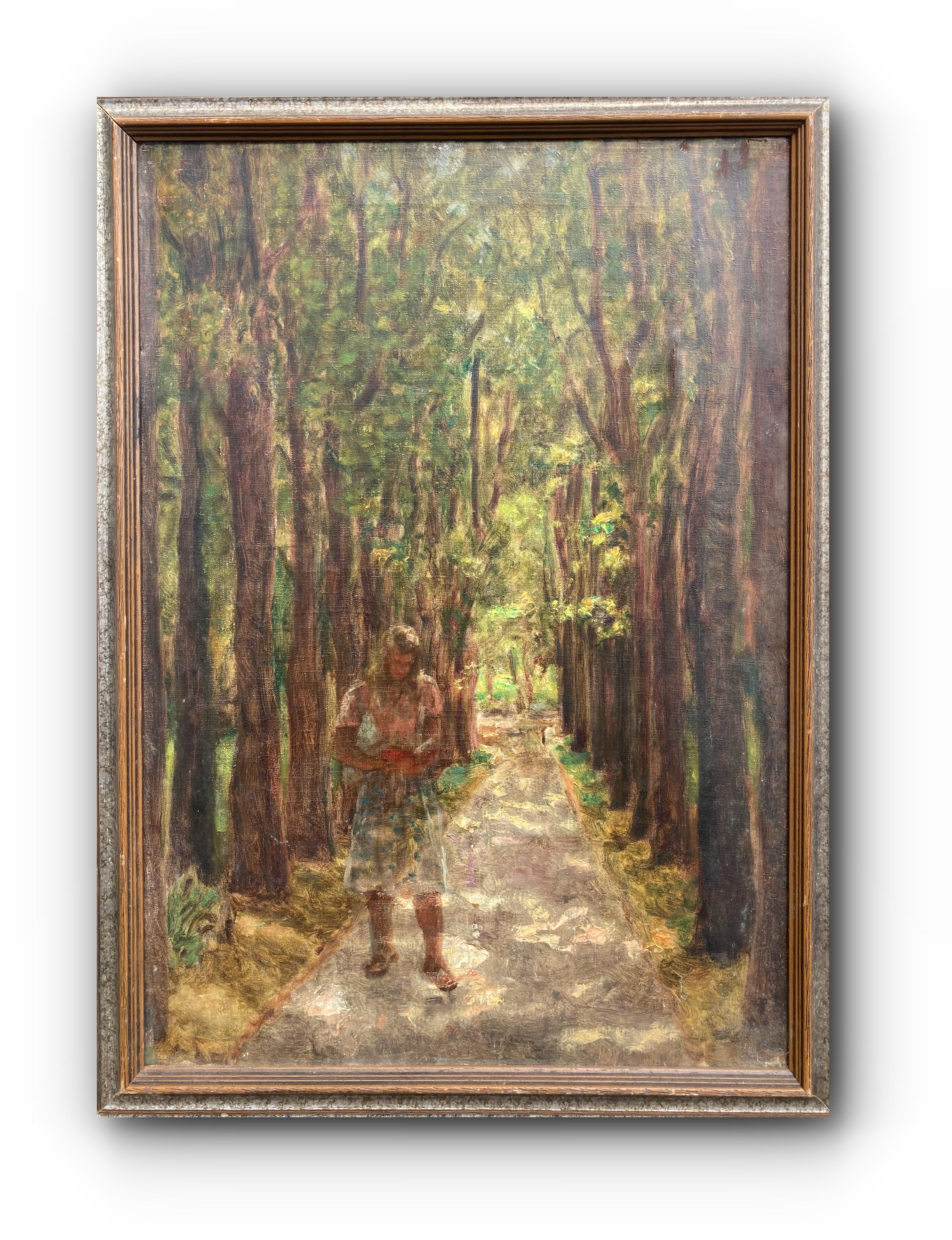Unknown Figurative Painting – A Path Through the Woods (Impressionistisches Ölgemälde auf Leinwand)