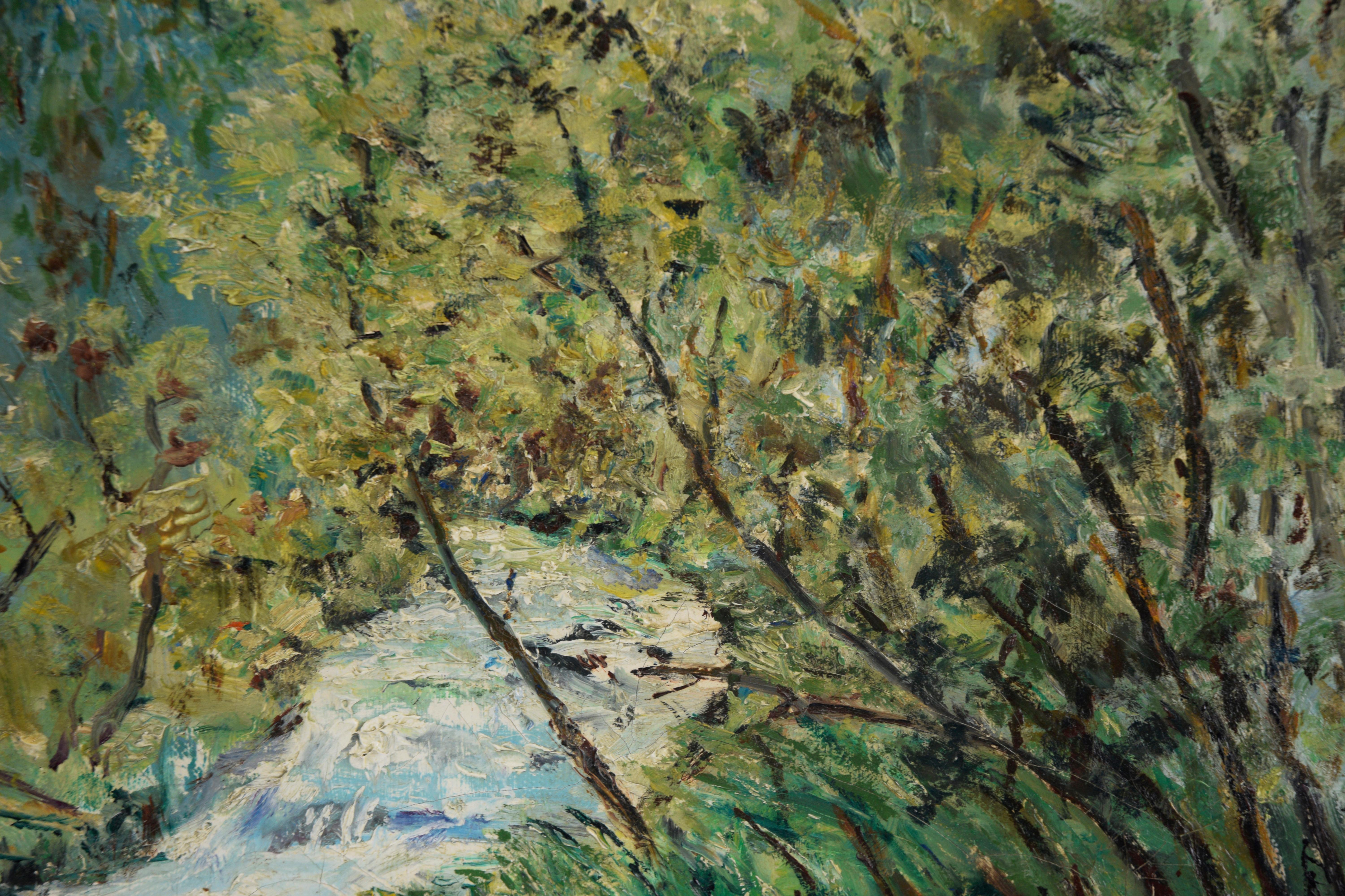 A Quiet River - Oil on Canvas

Oil painting depicting a river flowing through a grove of trees. Vibrant green trees surround the river, hues of deep greens make up the trees to the left of the river, while lighter colored trees to the right. The sky