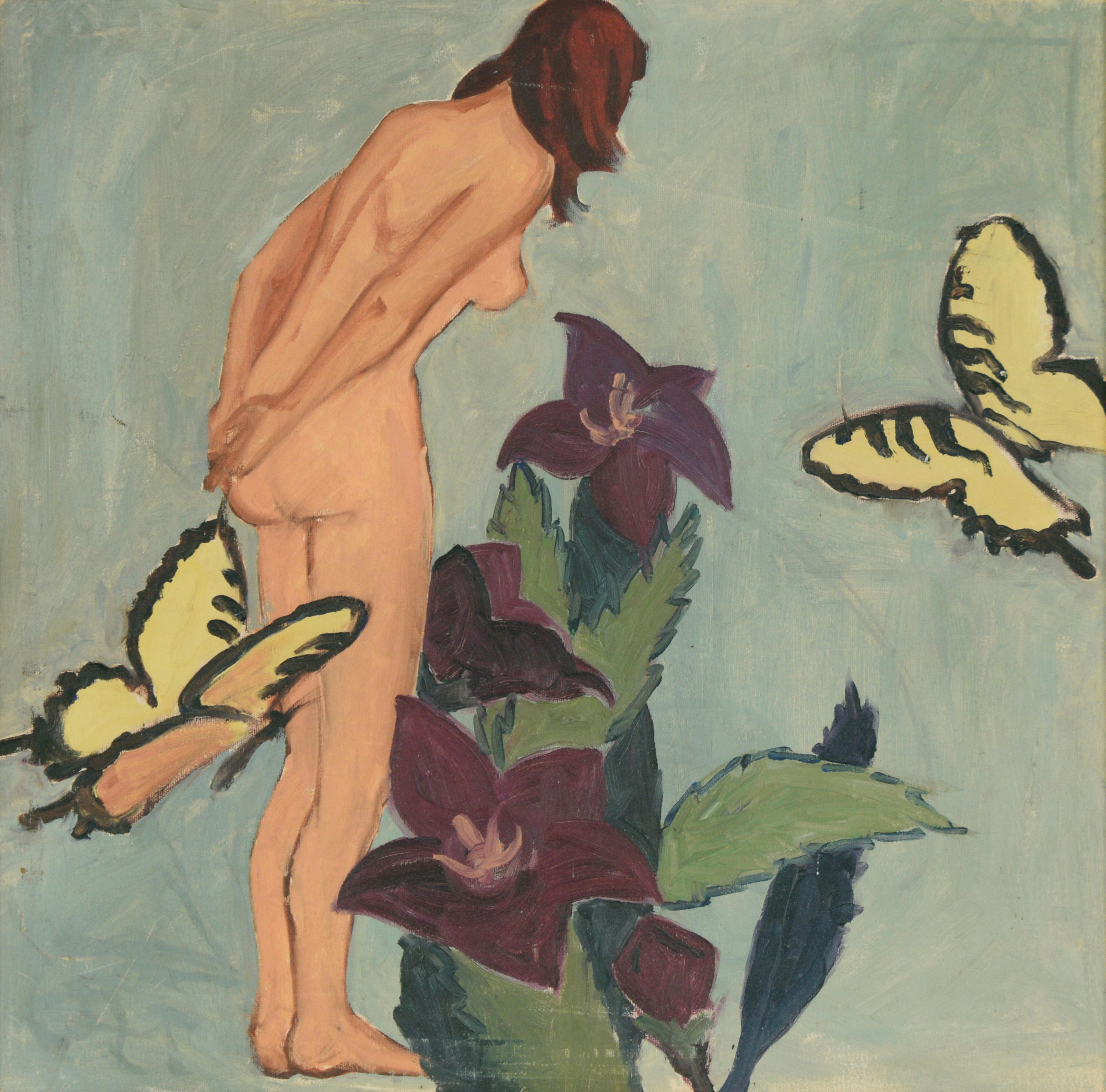 A Redheads Dream - Figurative Nude With Butterflies and Flowers  - Painting by Unknown