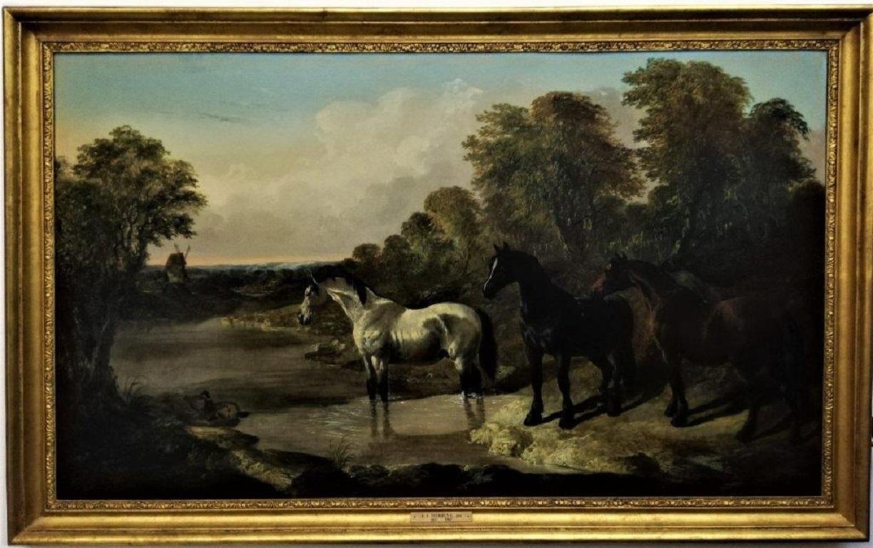 « Un paysage fluvial avec chevaux sauvages », original victorien, huile sur toile - Painting de John Frederick Herring Jr.