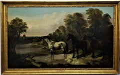 "A River Landscape with Wild Horses", Victorian original, oil on canvas