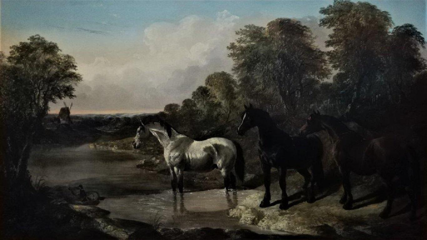 „Ein Flusslandschaft mit Wildpferden“, viktorianisches Original, Öl auf Leinwand (Viktorianisch), Painting, von John Frederick Herring Jr.