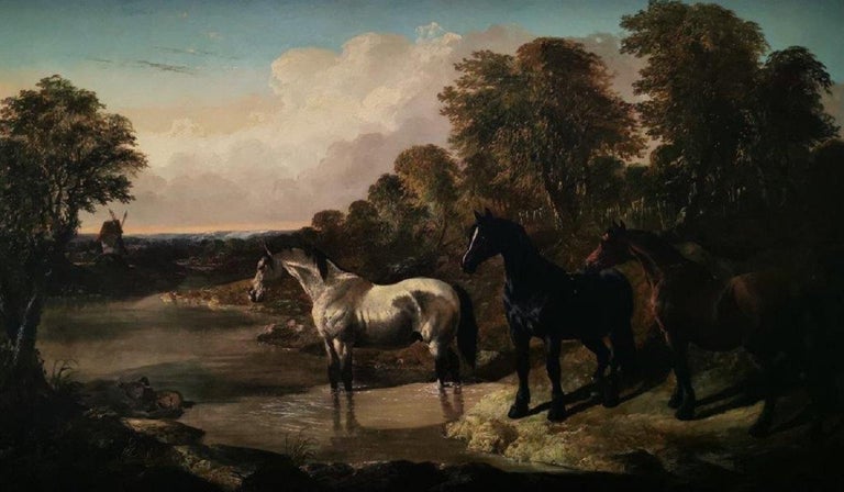 Unknown Landscape Painting - "A River Landscape with Wild Horses", Victorian original, oil on canvas