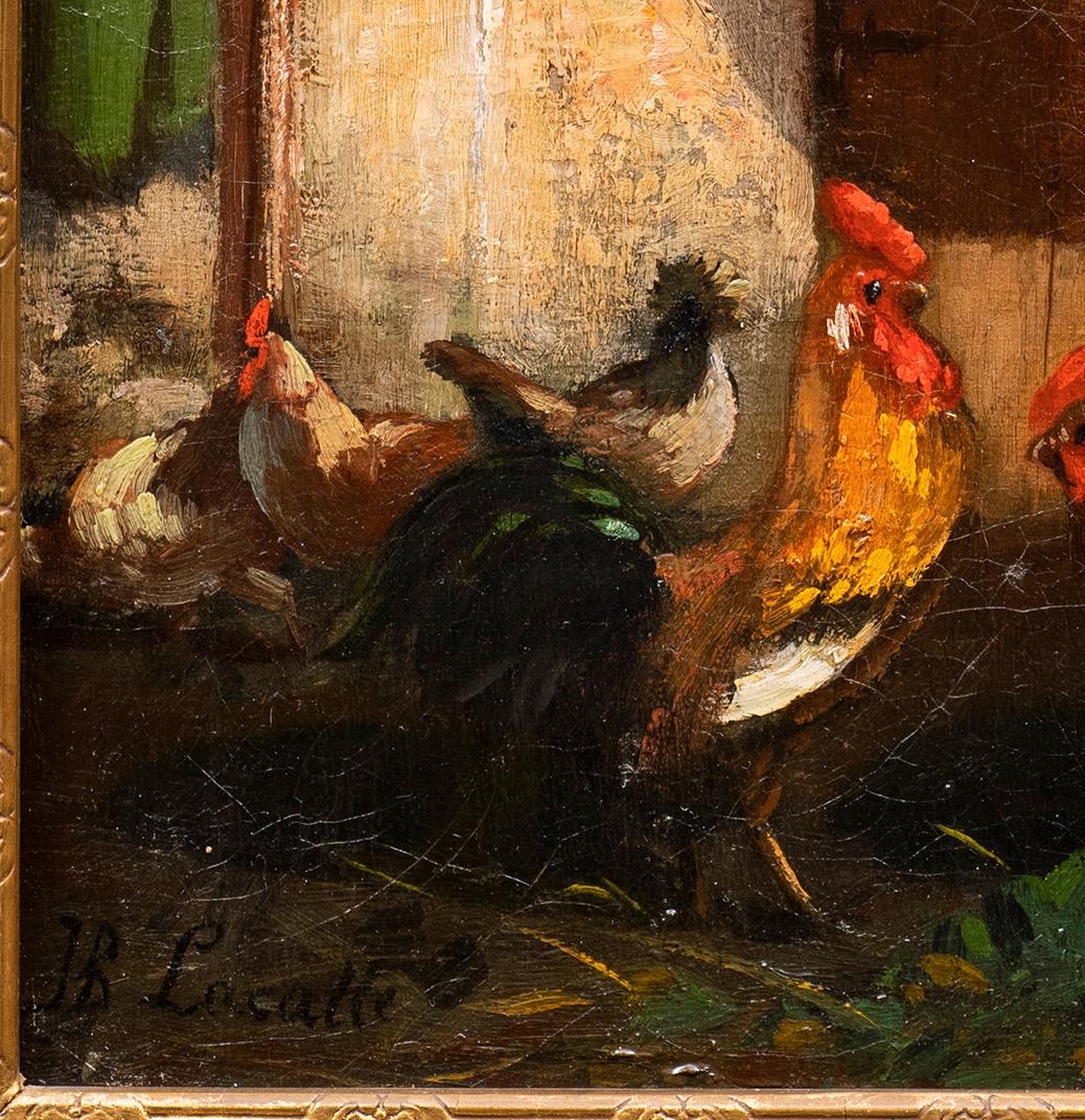 “A Rooster and Chickens in the Yard” Jacques Lacatte (France, 19th century) - Painting by Unknown