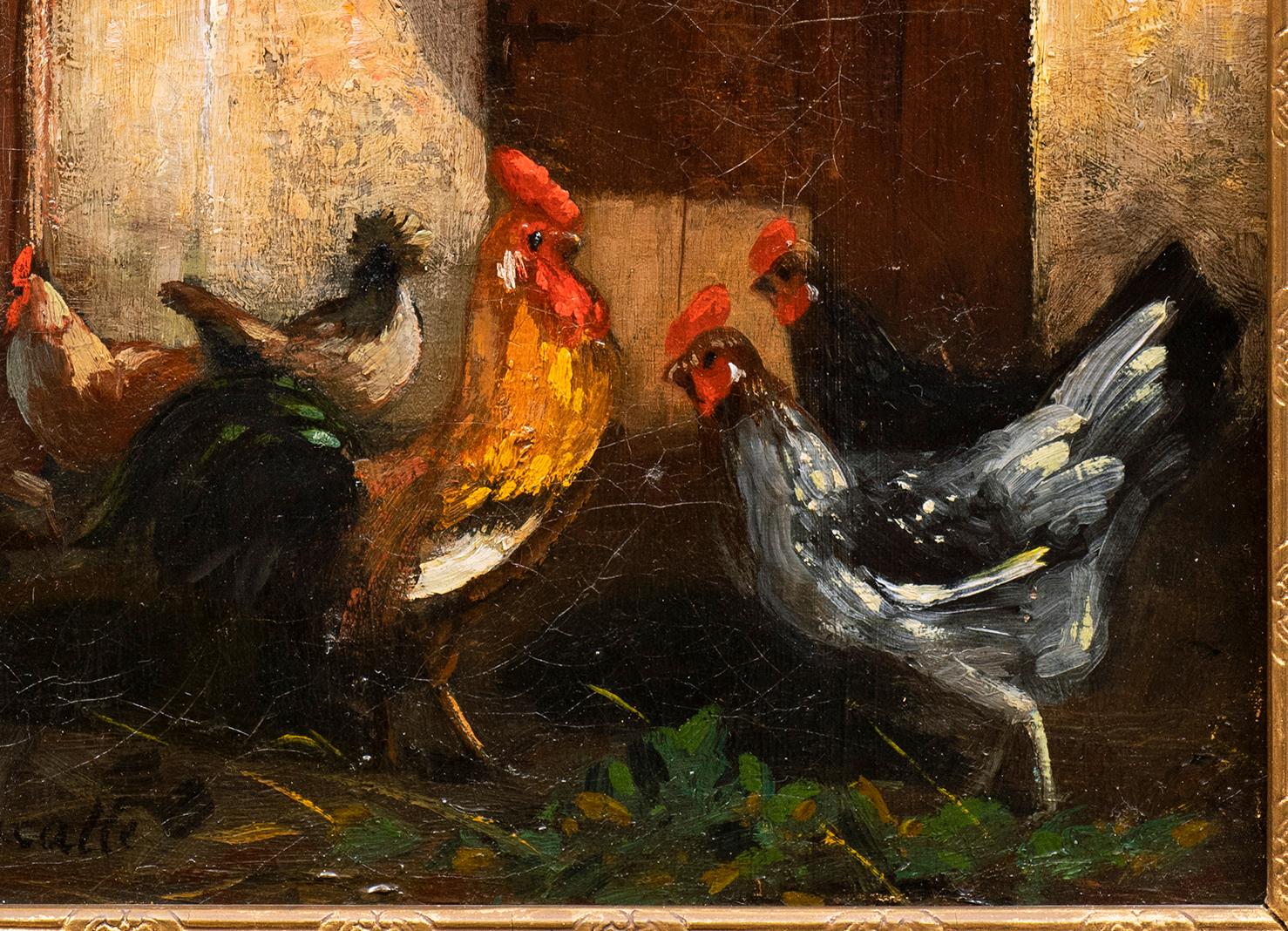 “A Rooster and Chickens in the Yard” Jacques Lacatte (France, 19th century) - Brown Landscape Painting by Unknown