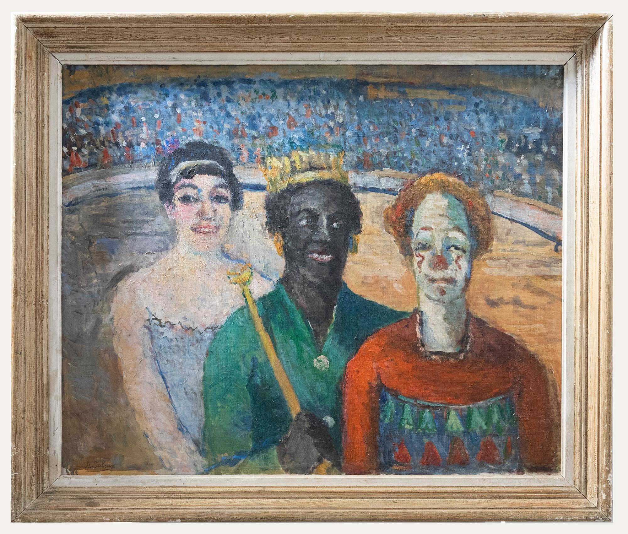 Unknown Portrait Painting - A. Sabran - 20th Century Oil, Circus Performers