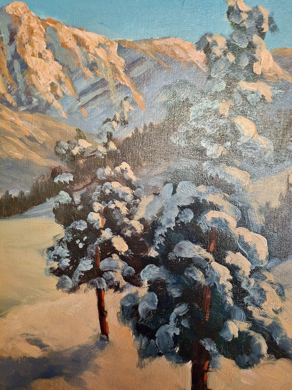 A Scenic Snowy Winterscape - Gray Landscape Painting by Unknown