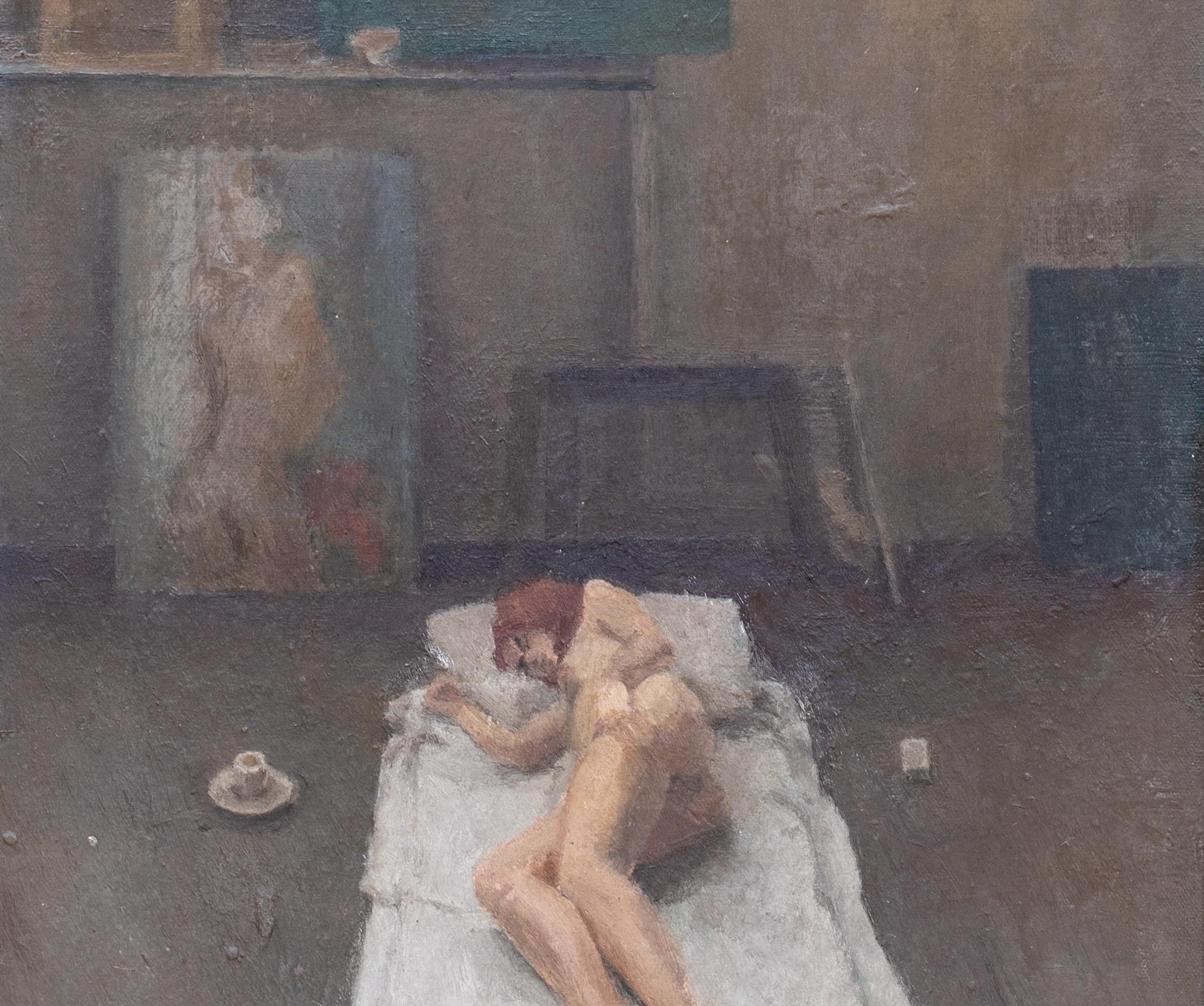 A Sleeping Nude, dated 1968 

by EDMUND FAIRFAX-LUCY (1945-2020)

20th Century interior portrait of a sleeping nude in an artists studio, oil on board by Edmund Fairfax-Lucy. A leading example of the English interior and landscape painters work and