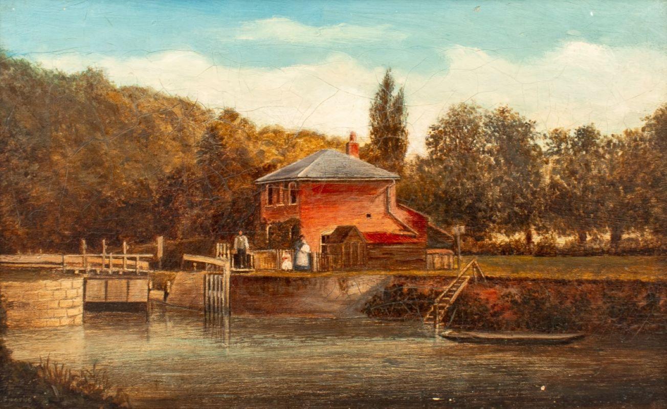 A. Sparks (estadounidense, XIX-XX), Escena de paisaje fluvial con muelle, óleo sobre lienzo, hacia 1900, firmado abajo a la izquierda, marco de madera dorada. Imagen: 9,5