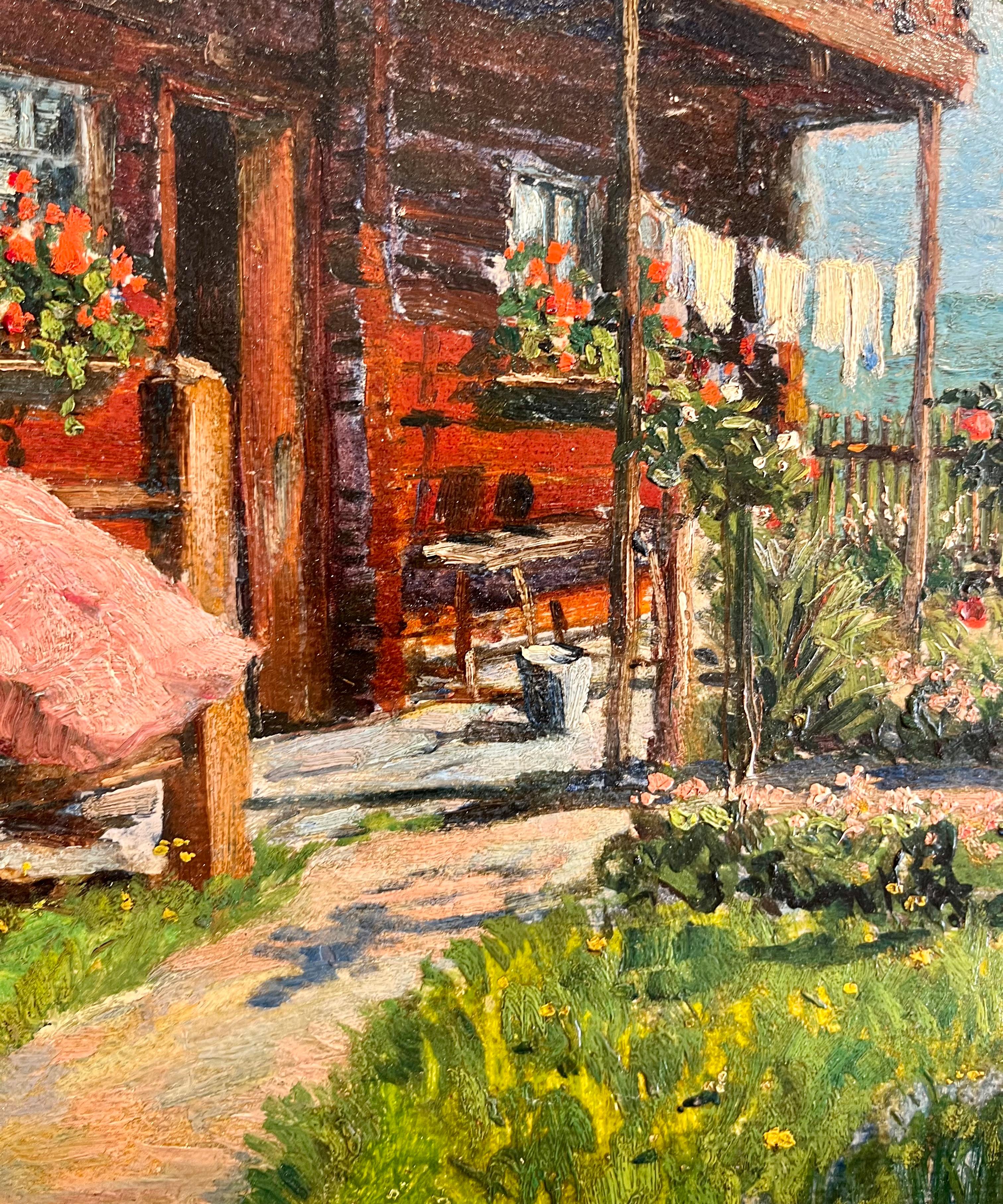 A Spring Day on the Porch - Brown Landscape Painting by Unknown