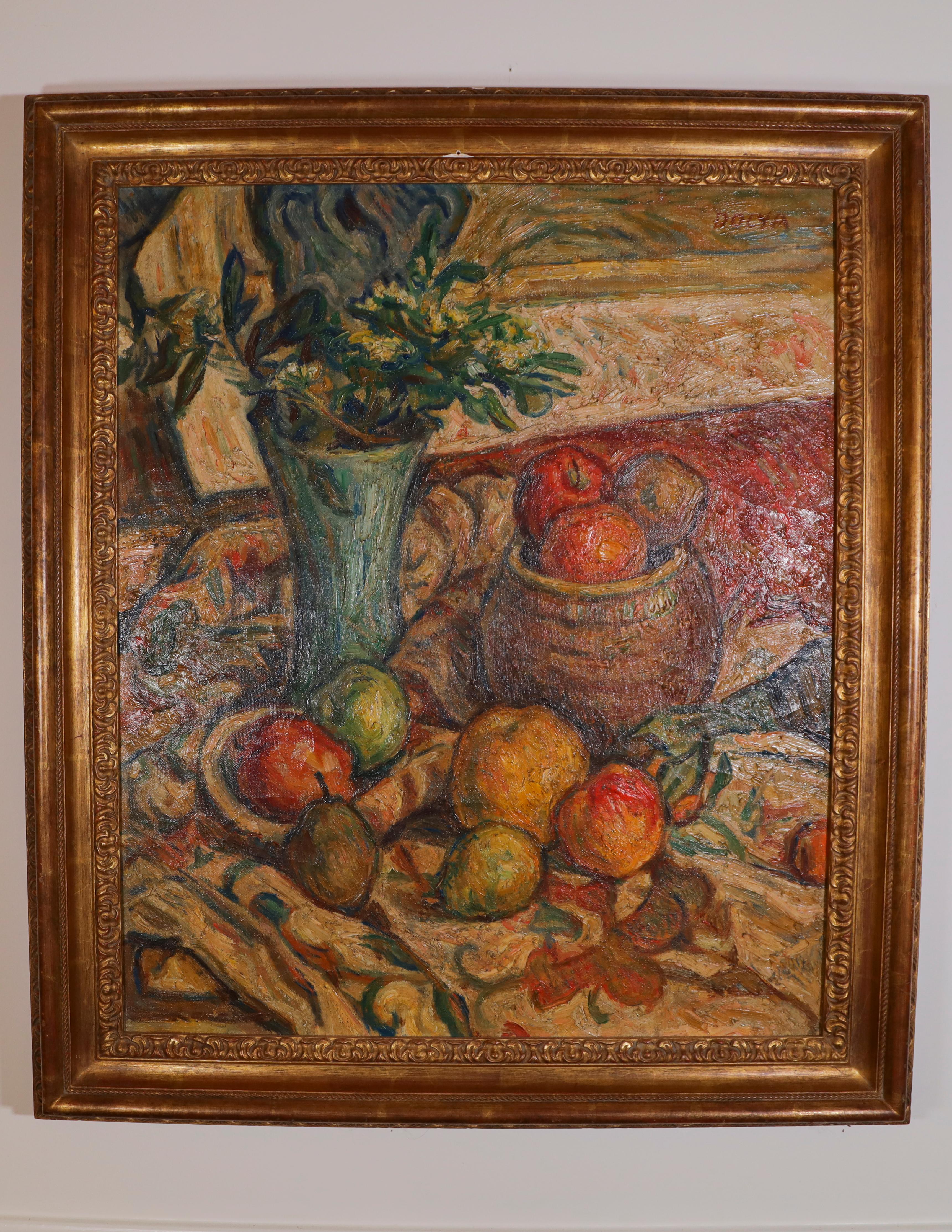 Unknown Still-Life Painting – Ein Stillleben mit Blumen und Früchten auf einem Tisch 
