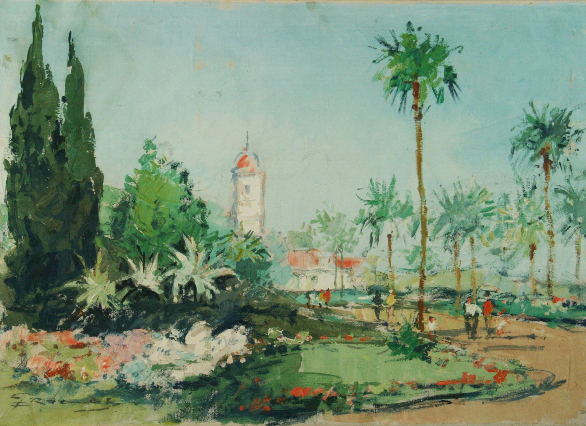 Landscape Painting di Unknown - "Una passeggiata nel parco "Paesaggio italiano Arco Trentino 1960