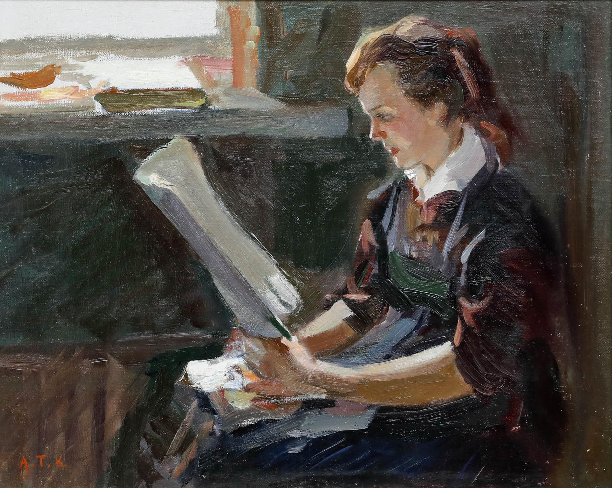 A. AT&T. K.  - Olio della metà del XX secolo, Lettura alla finestra - Painting di Unknown