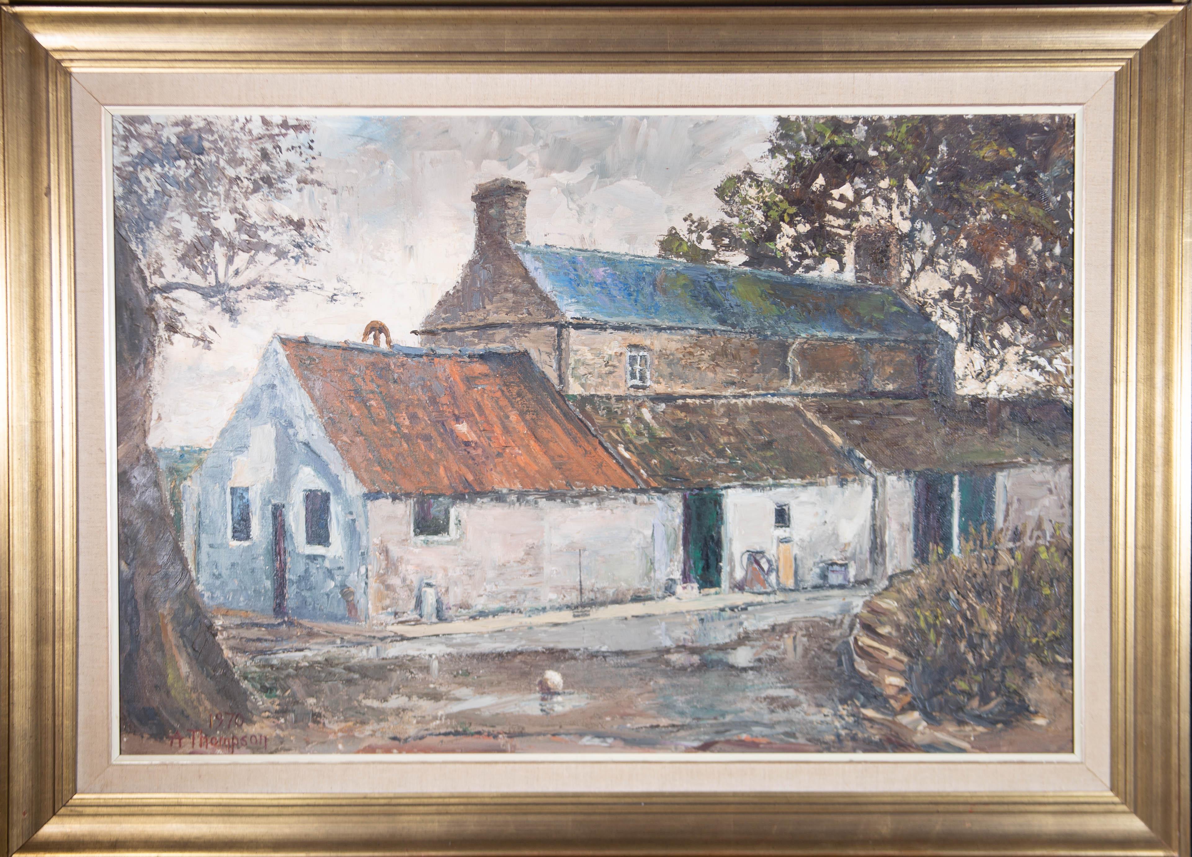 Unknown Landscape Painting - A. Thompson - Large 1970 Oil, The Farmhouse