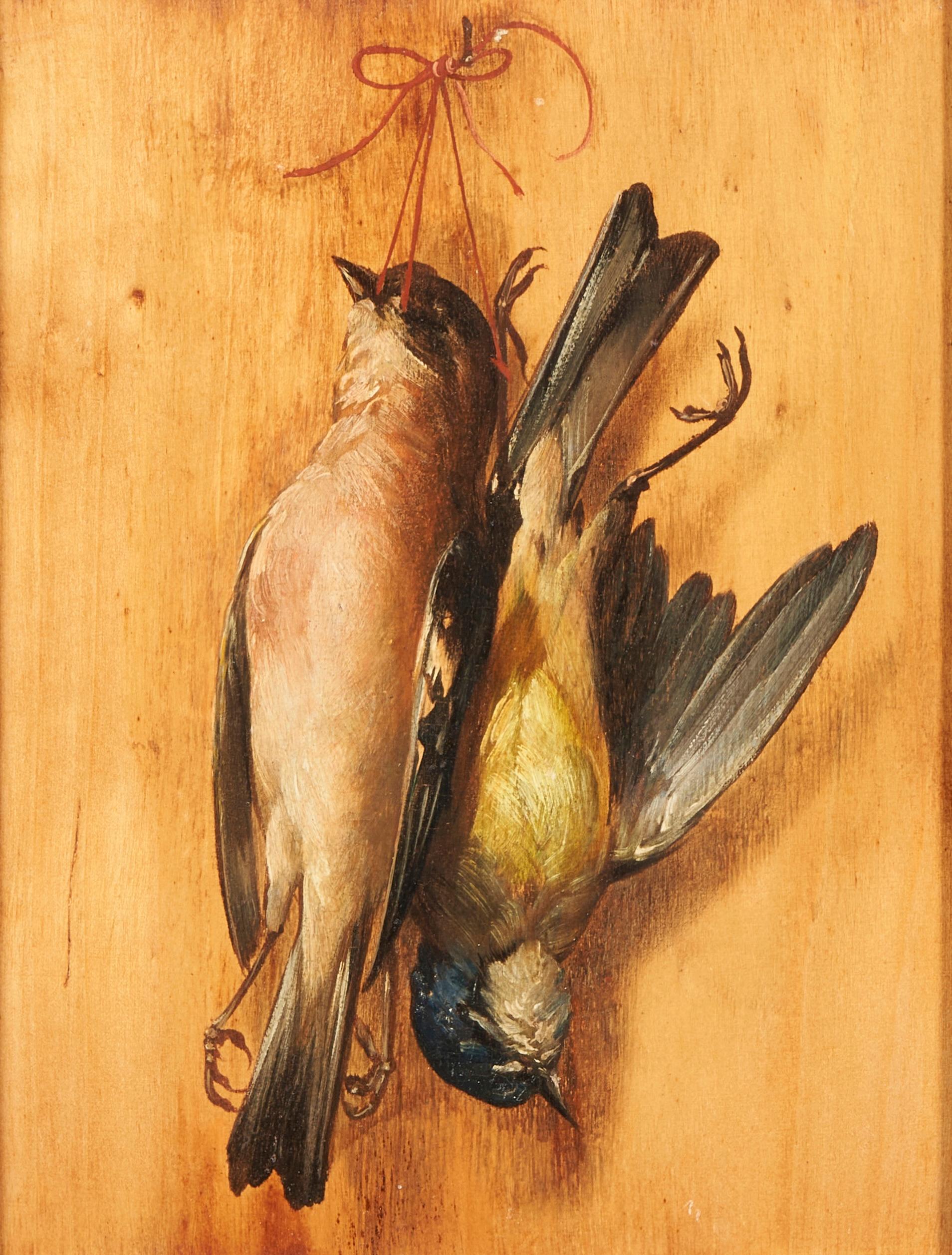 Nature morte en Tompe l'Oeil d'oiseaux suspendus - Painting de Unknown