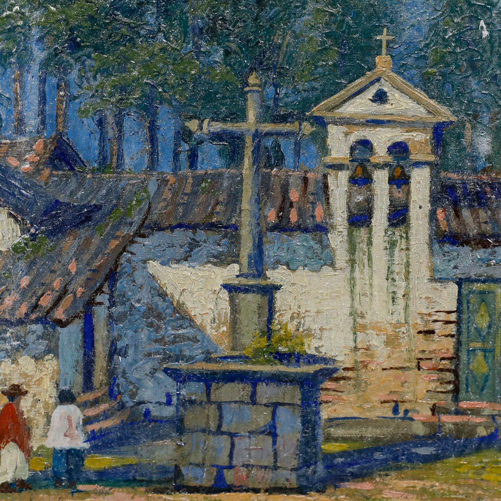 A charming depiction of a chapel in a small village in Ecuador with figures gathered outside. Signed. Presented in a gilt frame. On canvas.