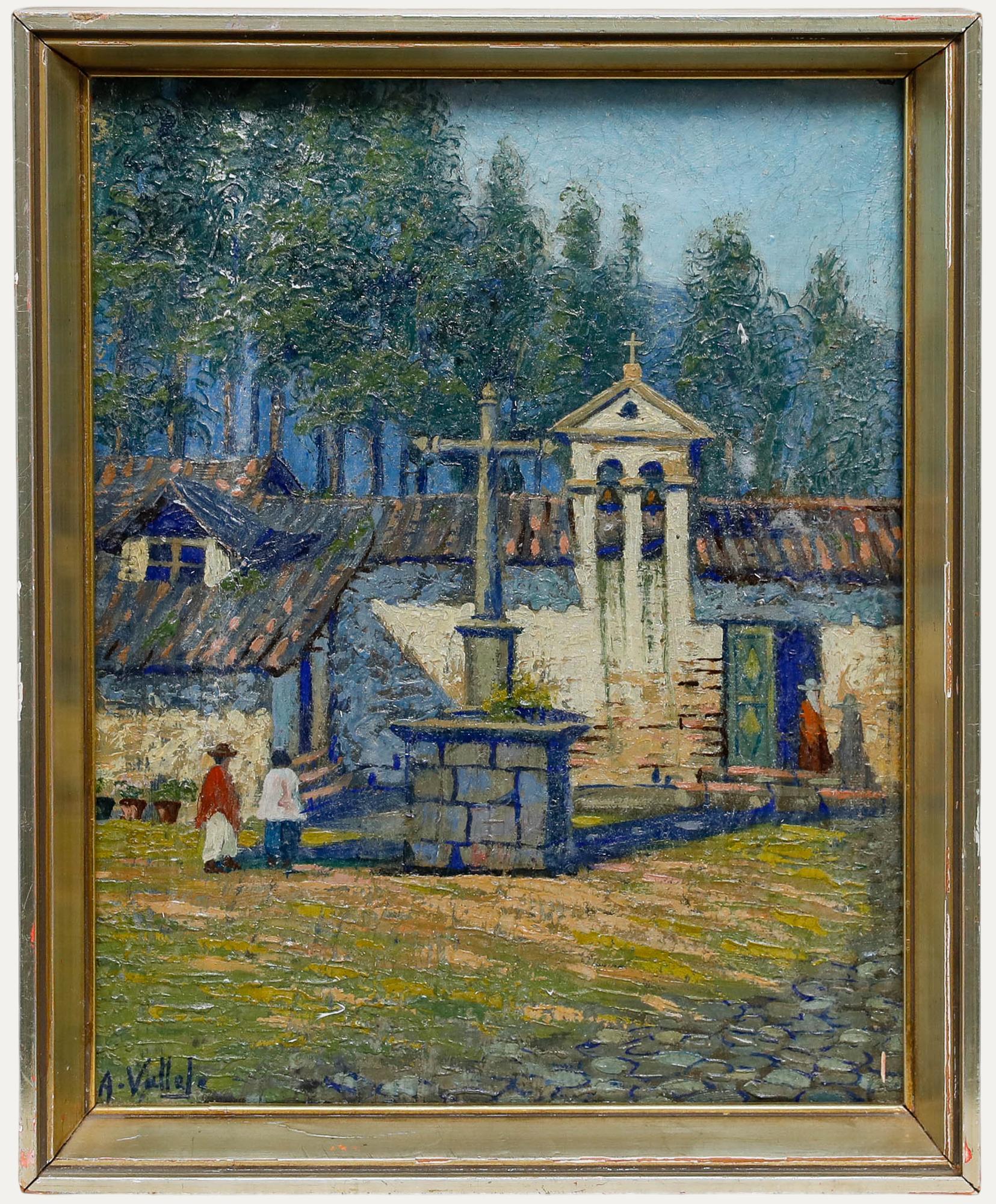 Unknown Landscape Painting - A. Vallejo - 1933 Oil, The Chapel of Consolation, Ecuador