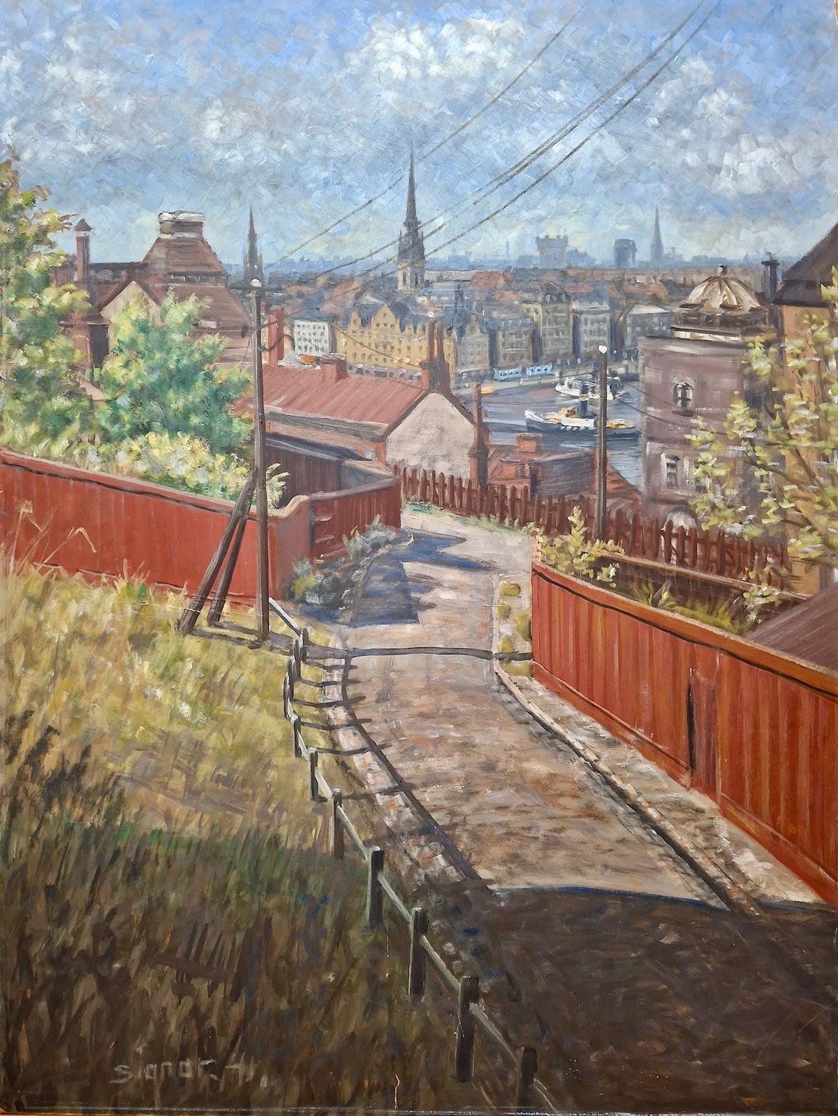 Signed by Signar, this work offers a peaceful springtime view of Stockholm’s central waterfront from a small hillside lane. The vista includes the distinctive dark metal spire of Riddarholmen Church, which replaced the original destroyed by fire.