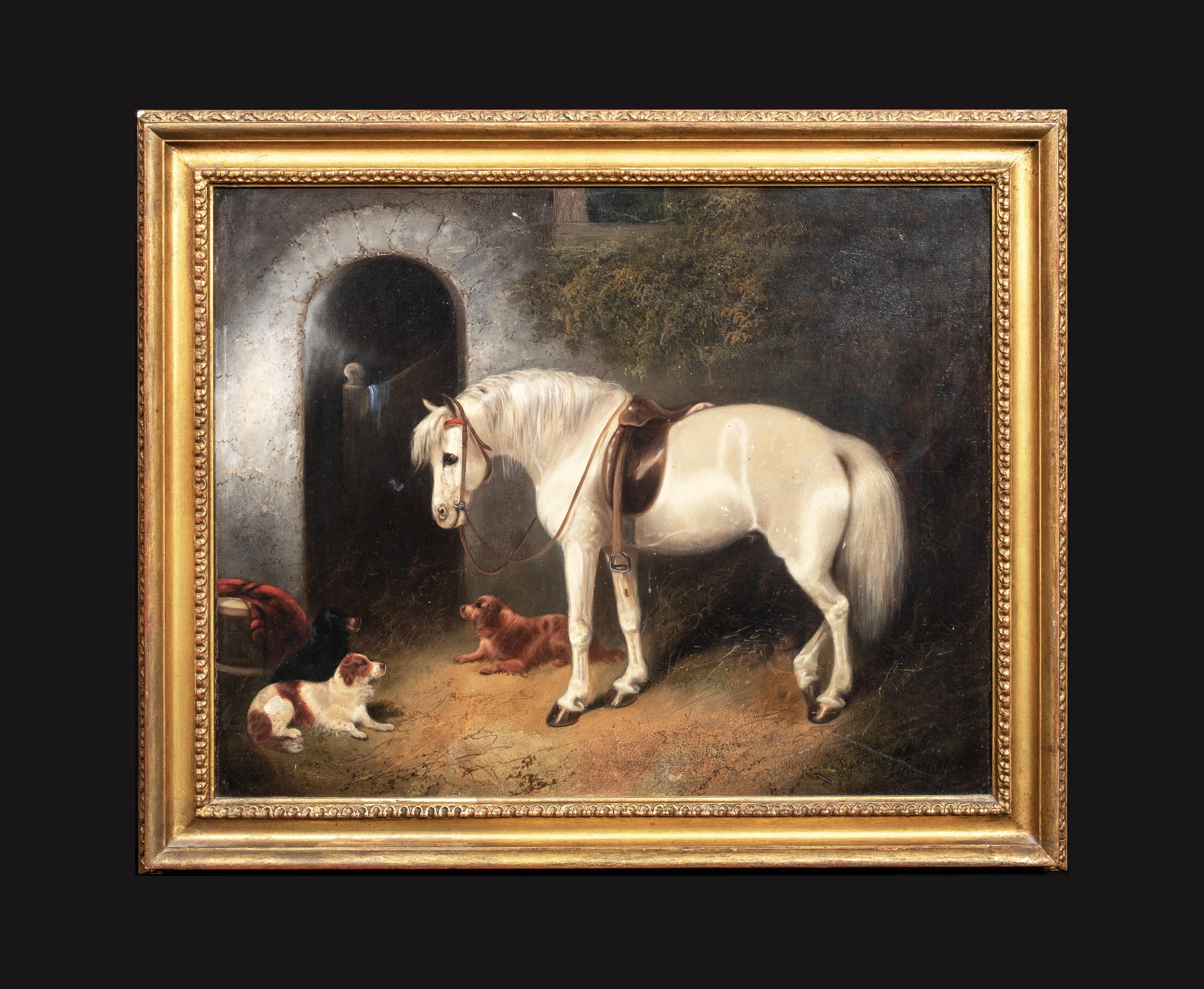Un caballo blanco acompañado de Spaniels, Siglo XIX - Painting de Unknown