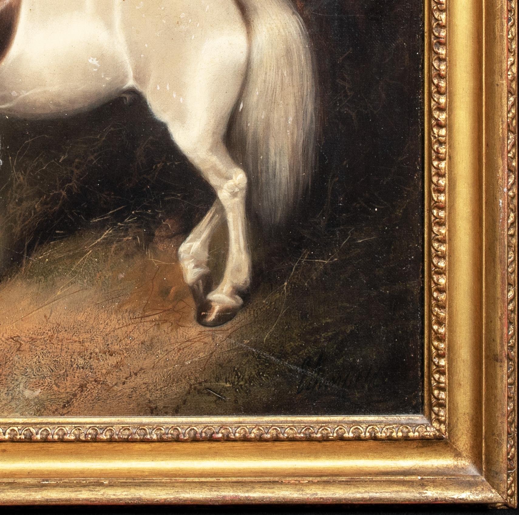 Un caballo blanco acompañado de Spaniels, Siglo XIX

English School - firmado indistintamente - Procedencia Phillips

Gran retrato de la English School del siglo XIX de un Caballo Blanco a la entrada de una finca acompañado de tres spaniels, óleo