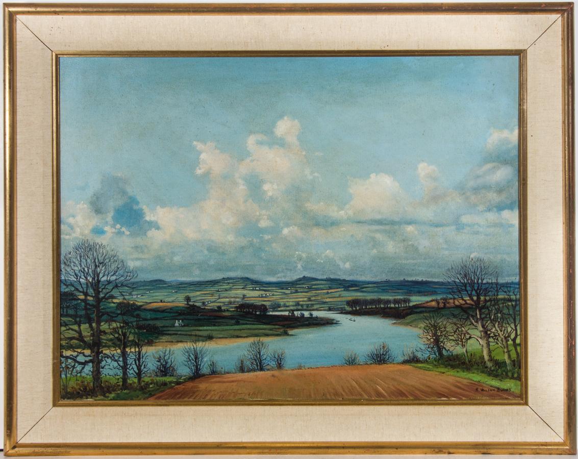 Unknown Landscape Painting - A. Wilson Burns - Mid 20th Century Oil, Panoramic View of The River Dart