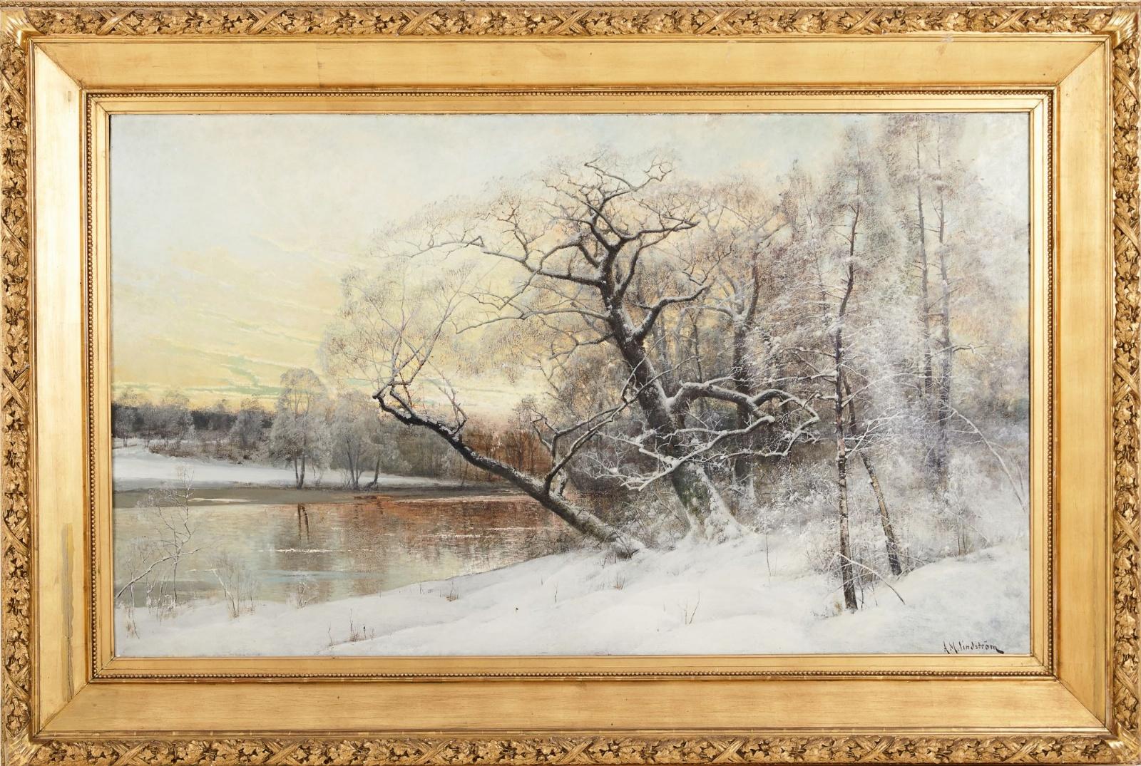 Ein Wintersonnenuntergang über dem Fluss – Painting von Arvid Mauritz Lindström